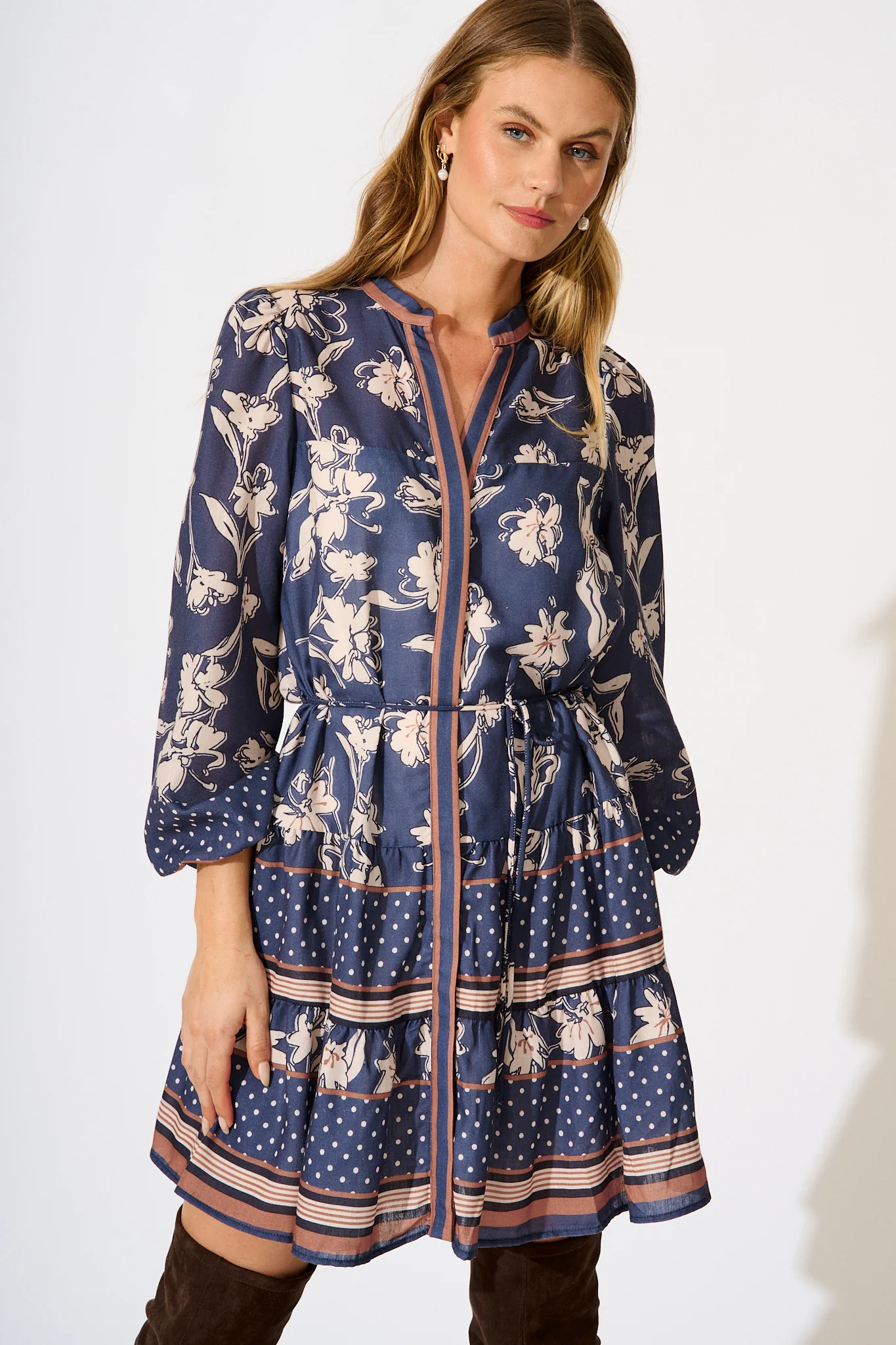 Torie Dress in Navy with Cream Floral Linen Blend - Image 2