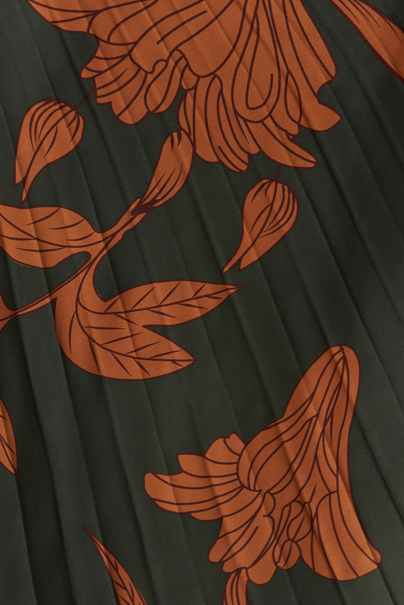 Toulon One Shoulder Maxi Dress In Khaki With Rust Leaf Print Pleated Satin - Image 10