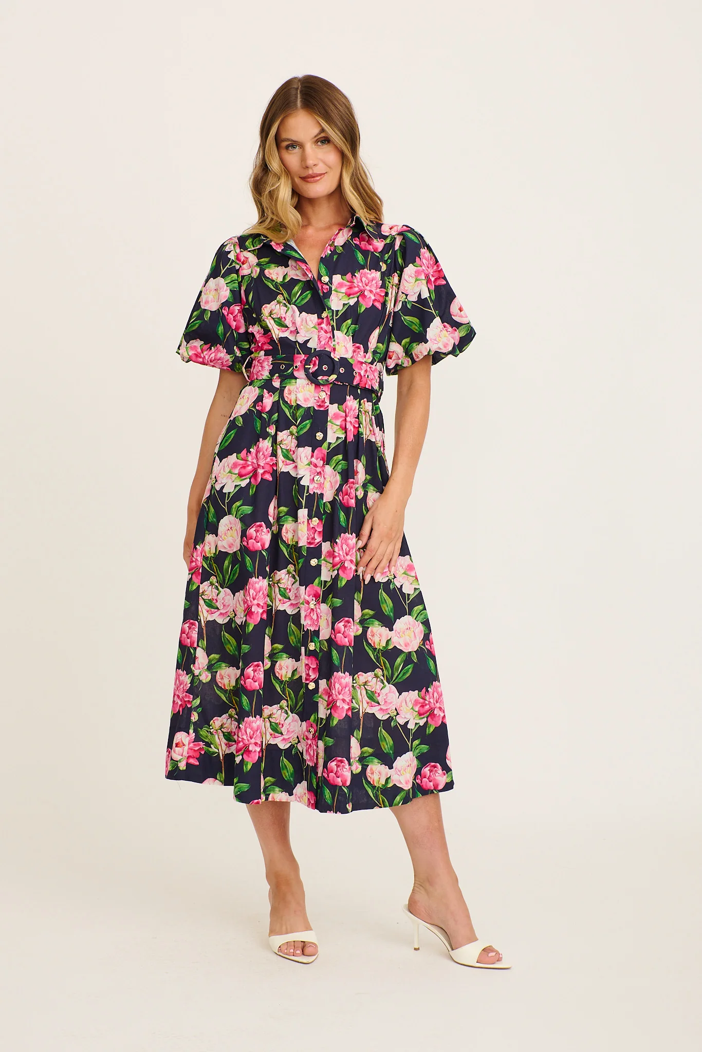 Tranquil Harmony Shirt Midi Dress in Navy with Blush Floral Cotton