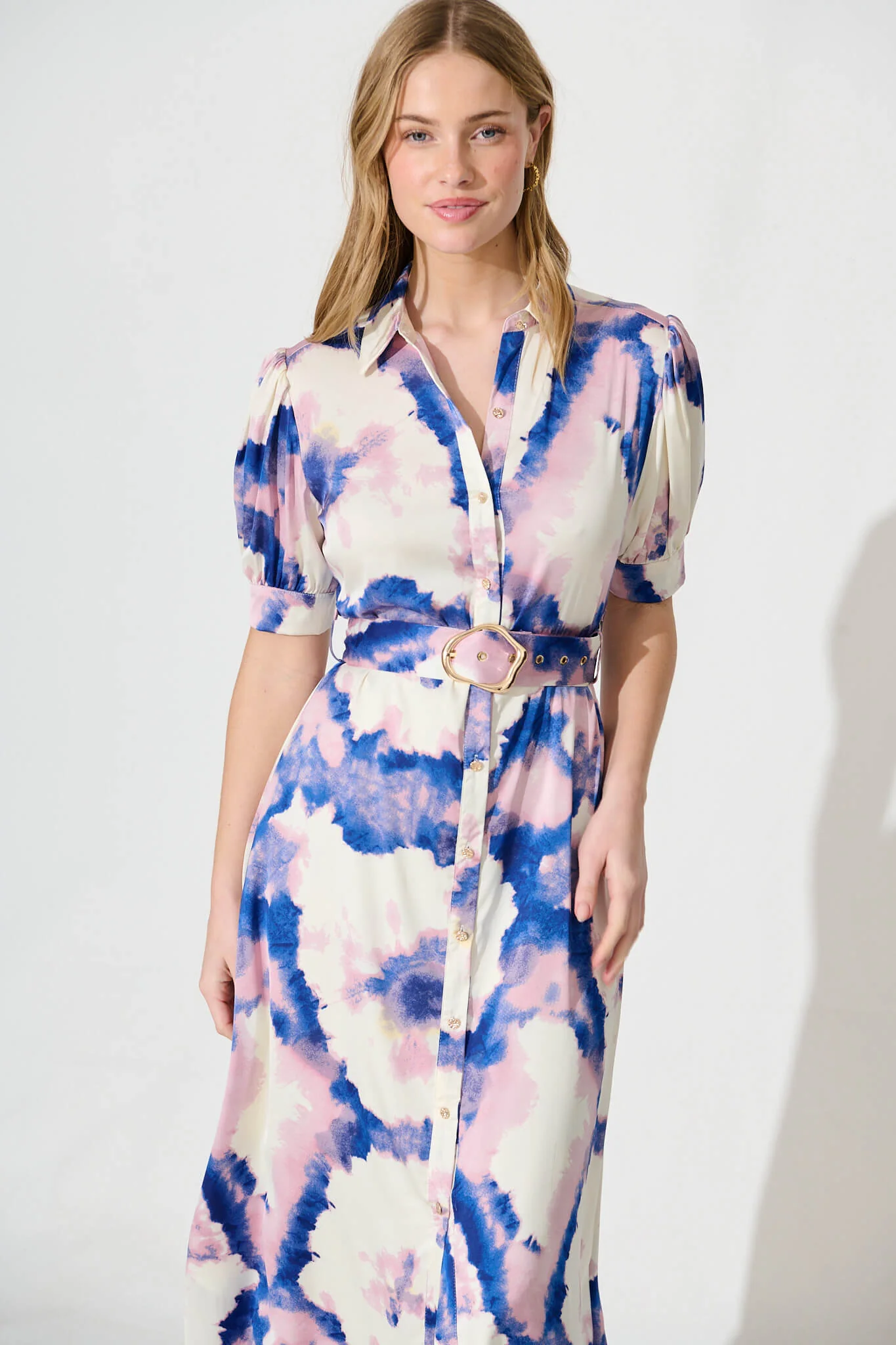 Trinity Maxi Shirt Dress In Blue With Lilac Watercolour - Image 2