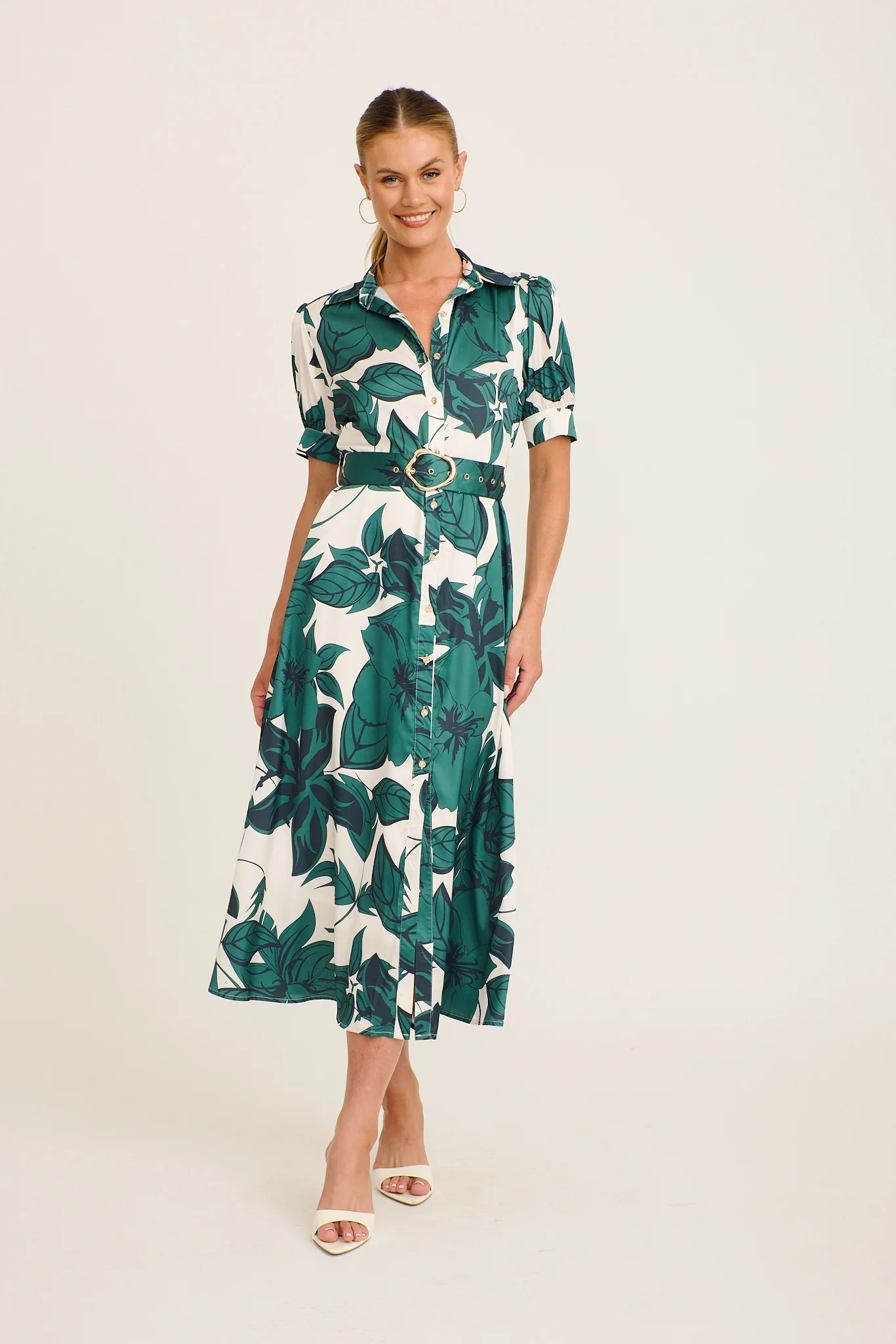 Trinity Maxi Shirt Dress in Emerald Floral Satin - Image 2