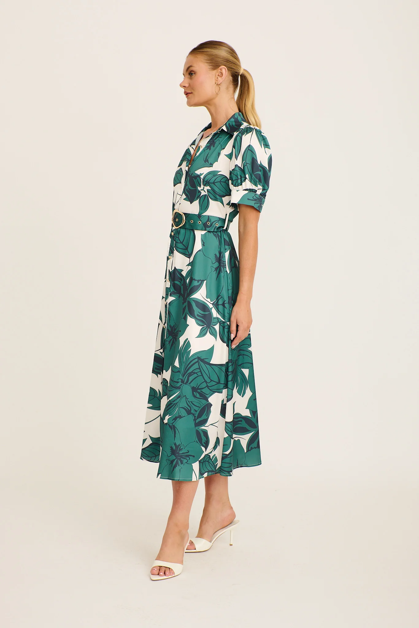 Trinity Maxi Shirt Dress in Emerald Floral Satin - Image 4