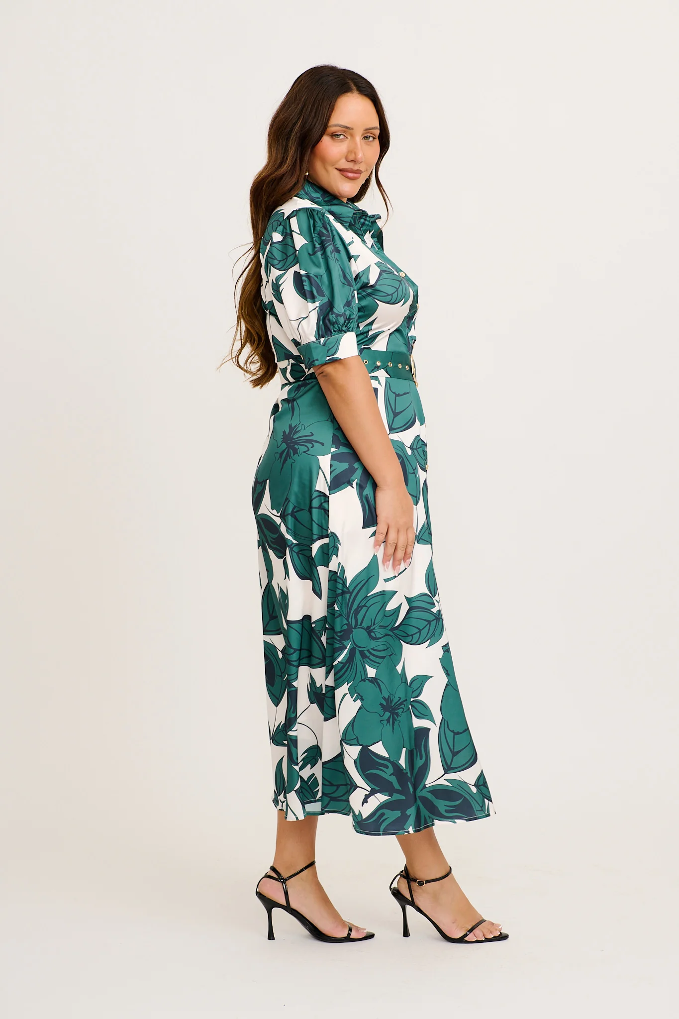Trinity Maxi Shirt Dress in Emerald Floral Satin - Image 8