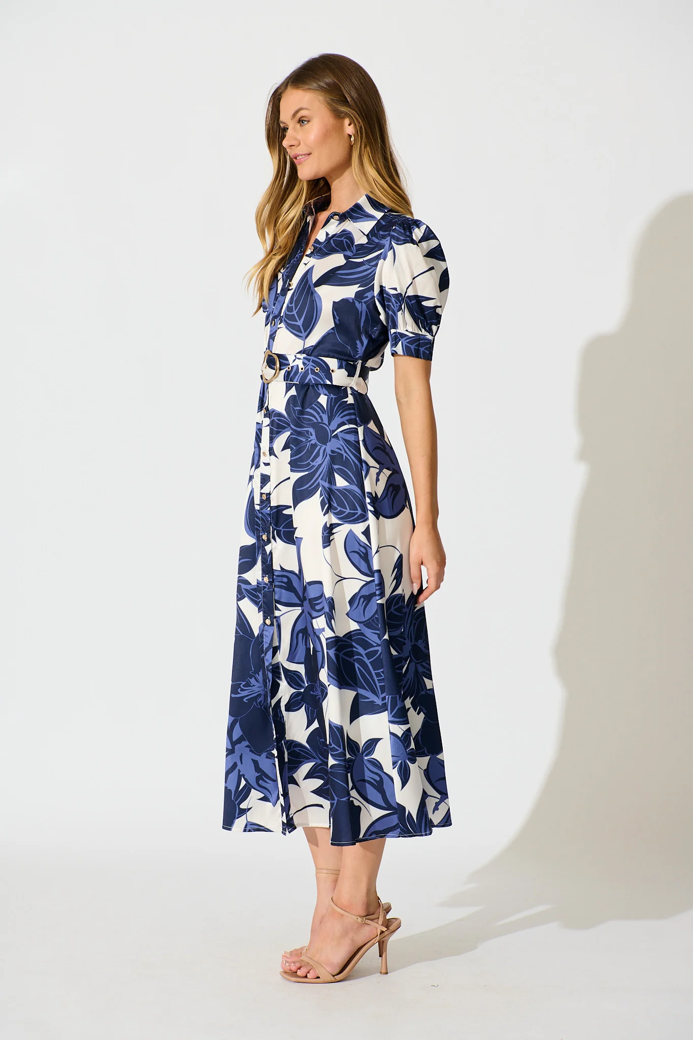 Trinity Maxi Shirt Dress in Navy Floral Satin - Image 3
