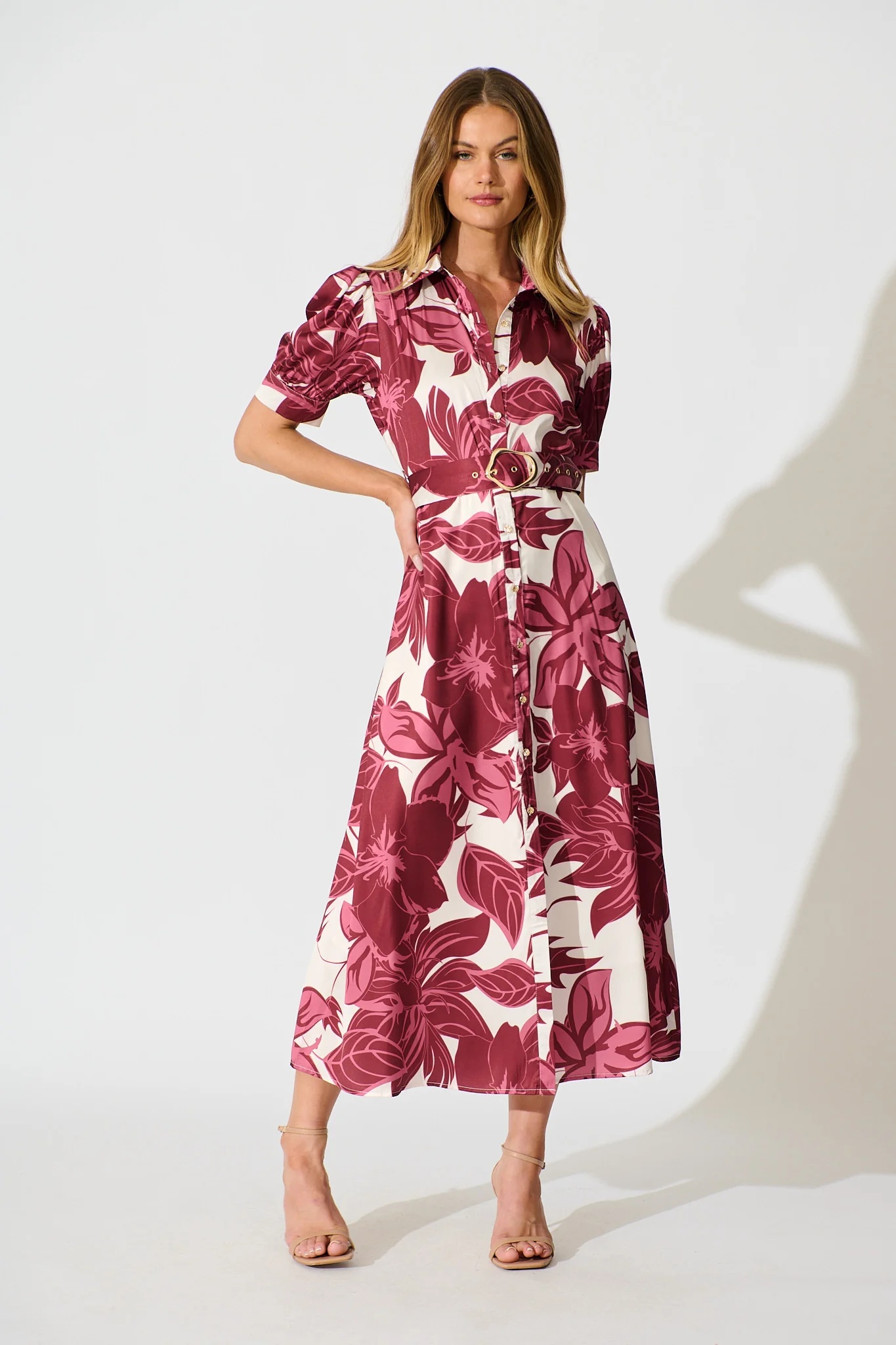 Trinity Maxi Shirt Dress in Red Floral Satin
