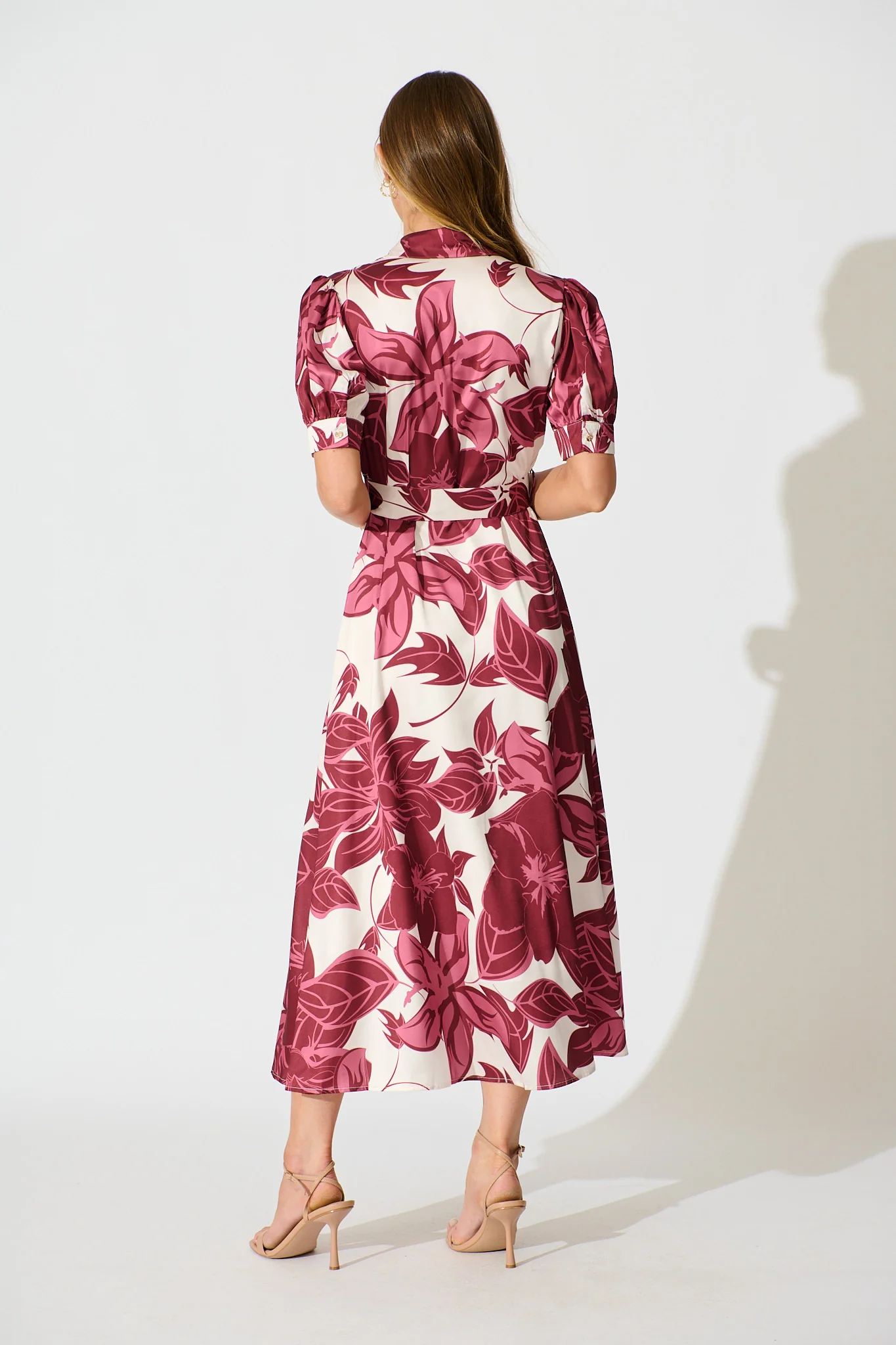 Trinity Maxi Shirt Dress in Red Floral Satin - Image 4