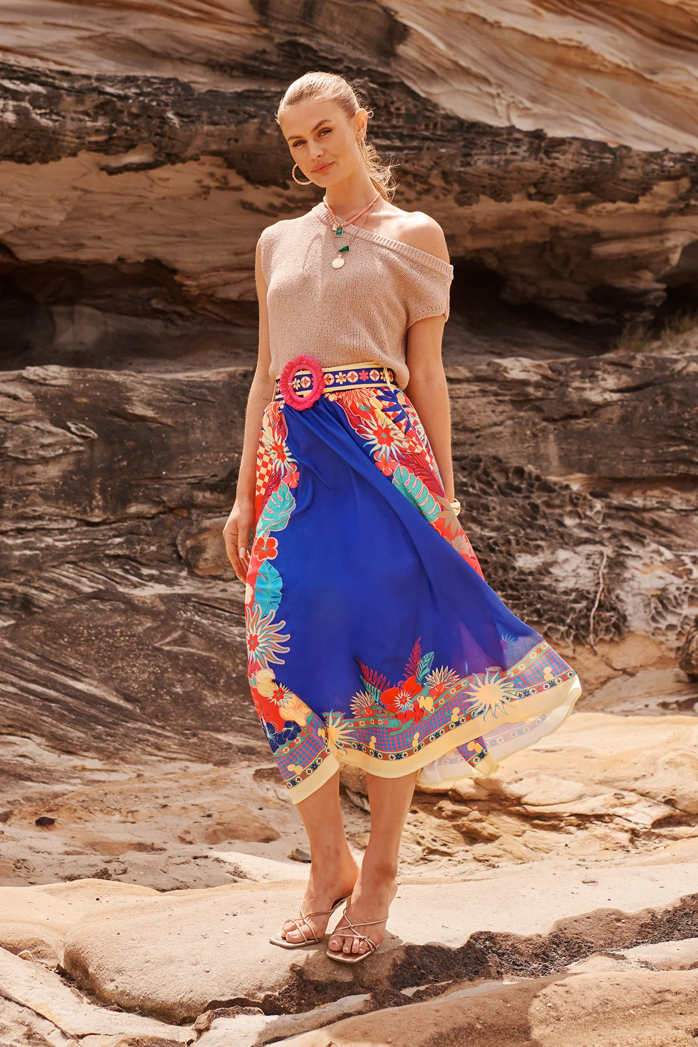 Tropic Drift Maxi Skirt in Blue with Multi Print Linen Blend - Image 2