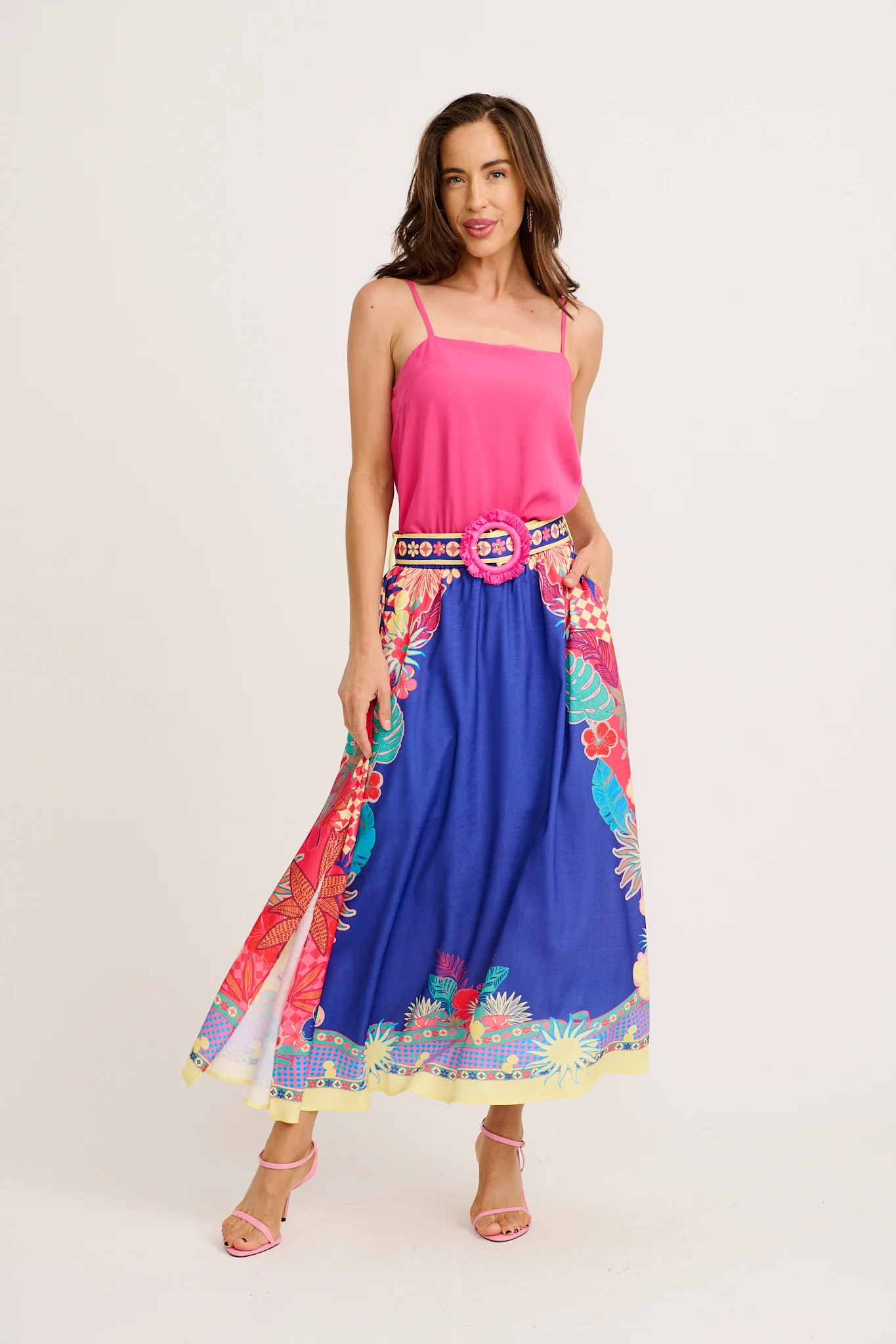Tropic Drift Maxi Skirt in Blue with Multi Print Linen Blend - Image 6
