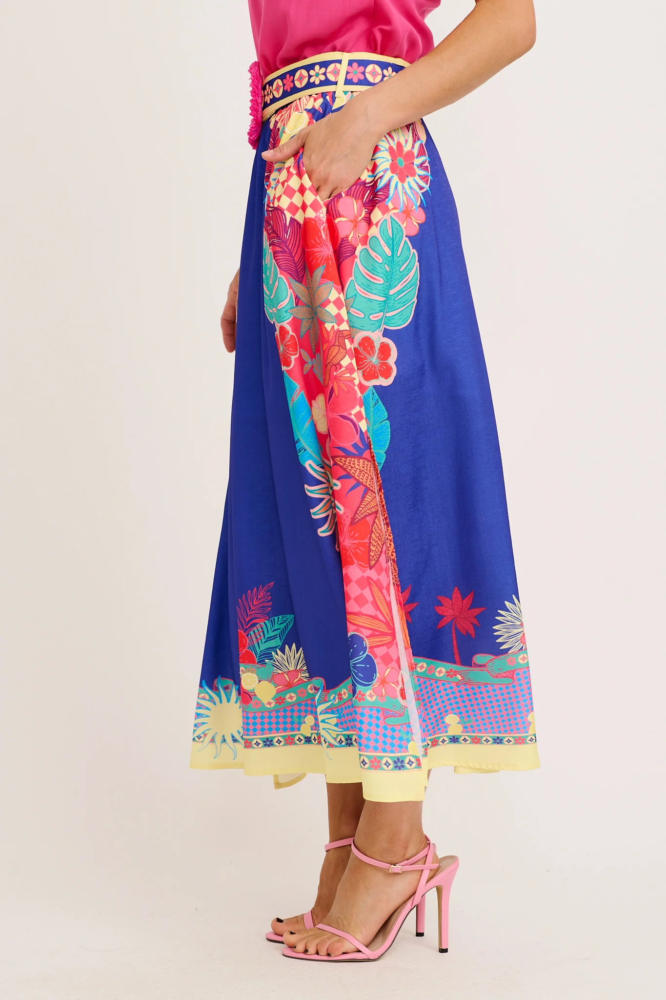 Tropic Drift Maxi Skirt in Blue with Multi Print Linen Blend - Image 9