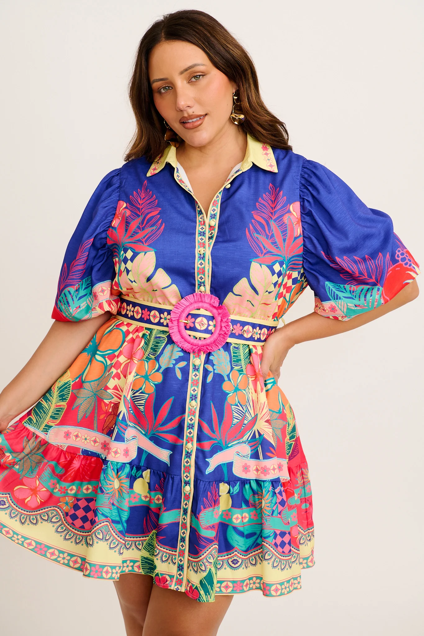 Tropic Haze Shirt Dress in Blue with Multi Print Linen Blend - Image 12