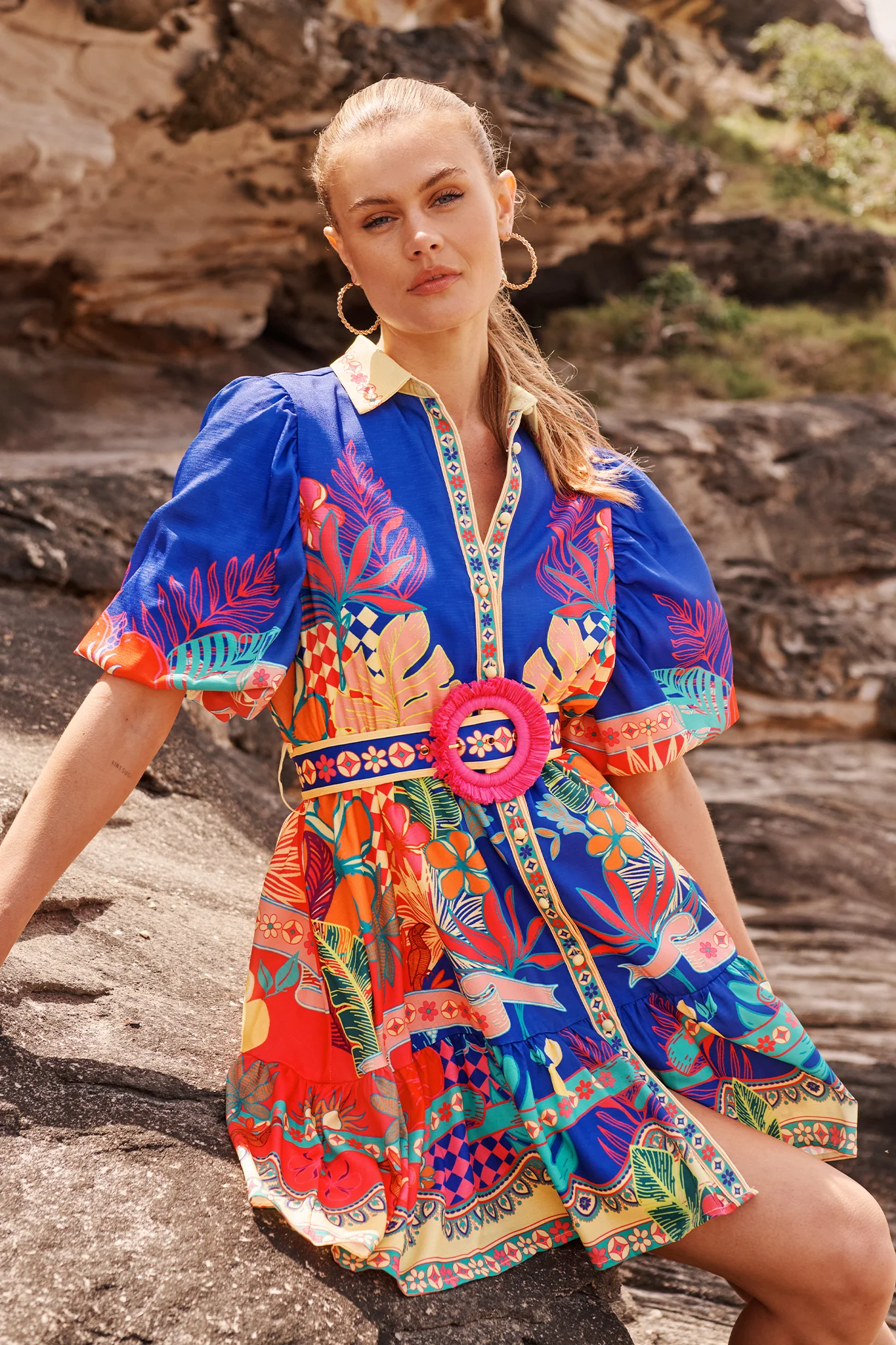 Tropic Haze Shirt Dress in Blue with Multi Print Linen Blend - Image 6