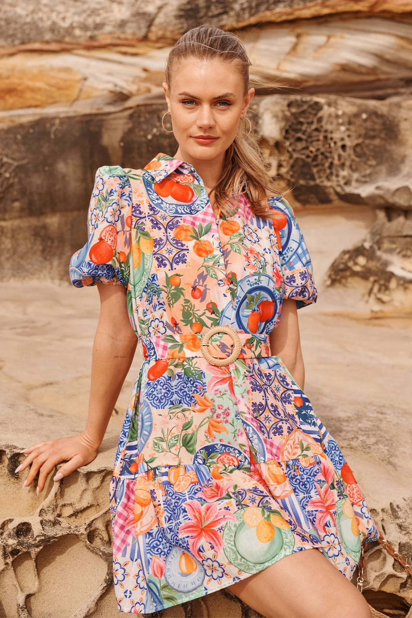 Tropical Twist Shirt Dress in Multi Fruit Patchwork Linen Blend