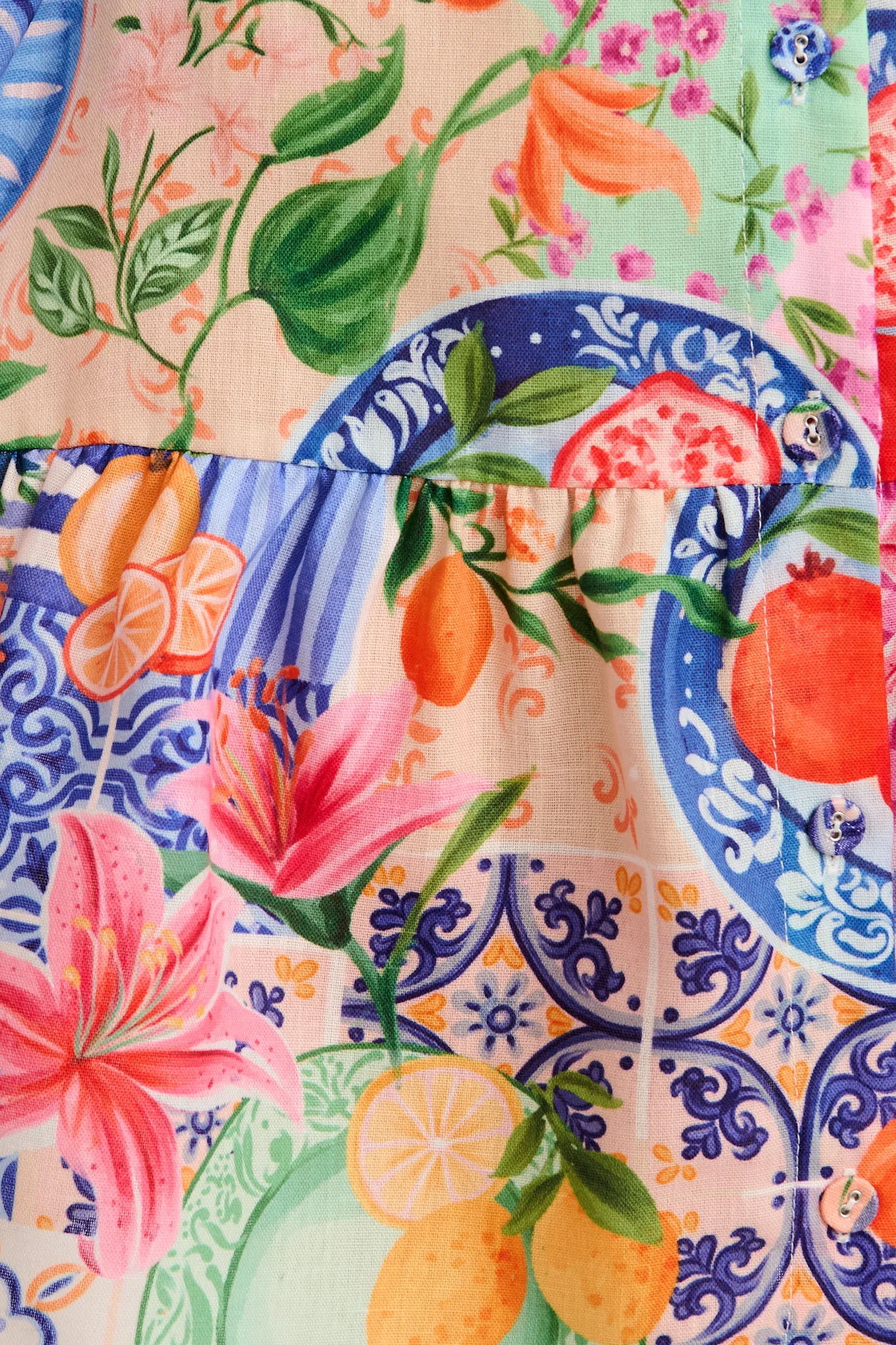 Tropical Twist Shirt Dress in Multi Fruit Patchwork Linen Blend - Image 11