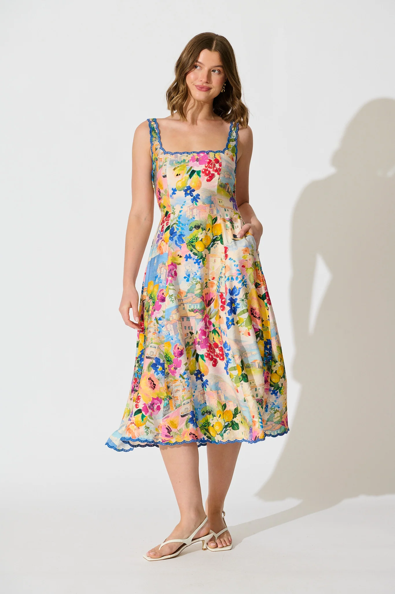 Tuscan Muse Midi Sundress in Multi Floral with Navy Trim - Image 2