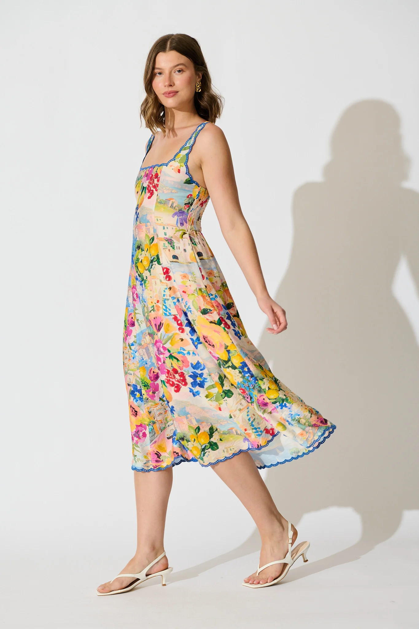 Tuscan Muse Midi Sundress in Multi Floral with Navy Trim - Image 5