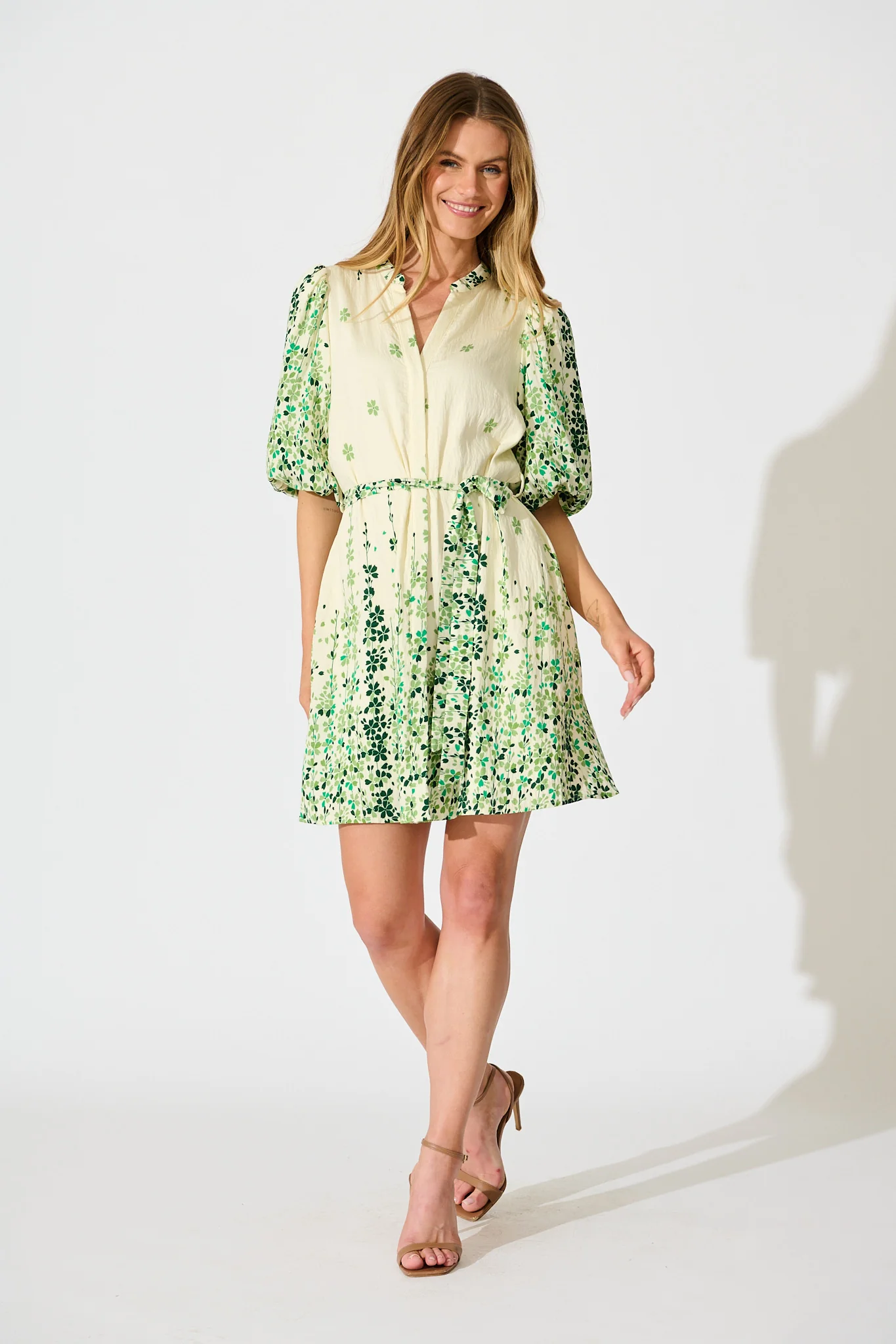 Valara Dress in Cream with Green Floral