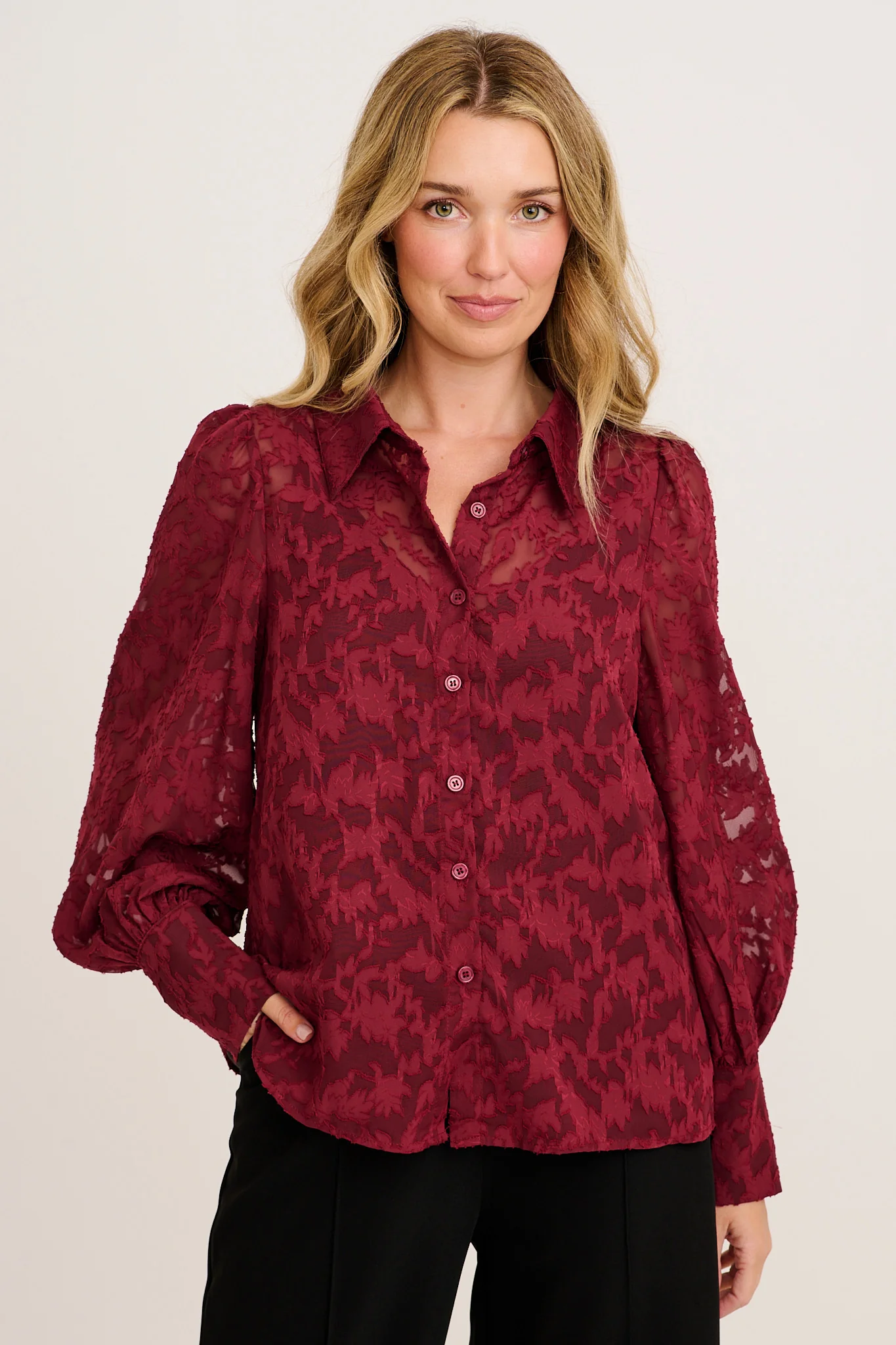 Vanessa Shirt in Wine Leaf Burnout Chiffon