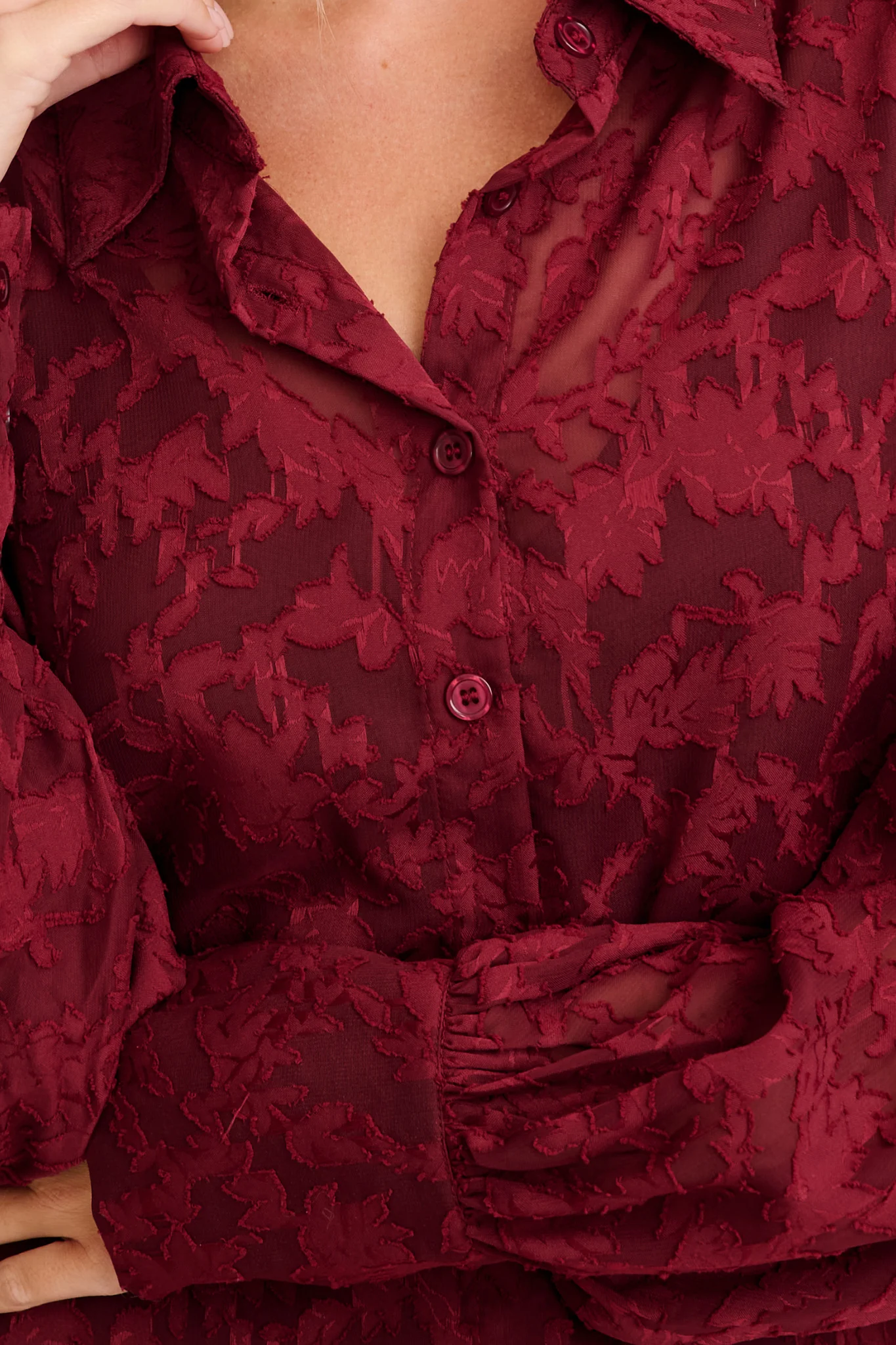 Vanessa Shirt in Wine Leaf Burnout Chiffon - Image 5