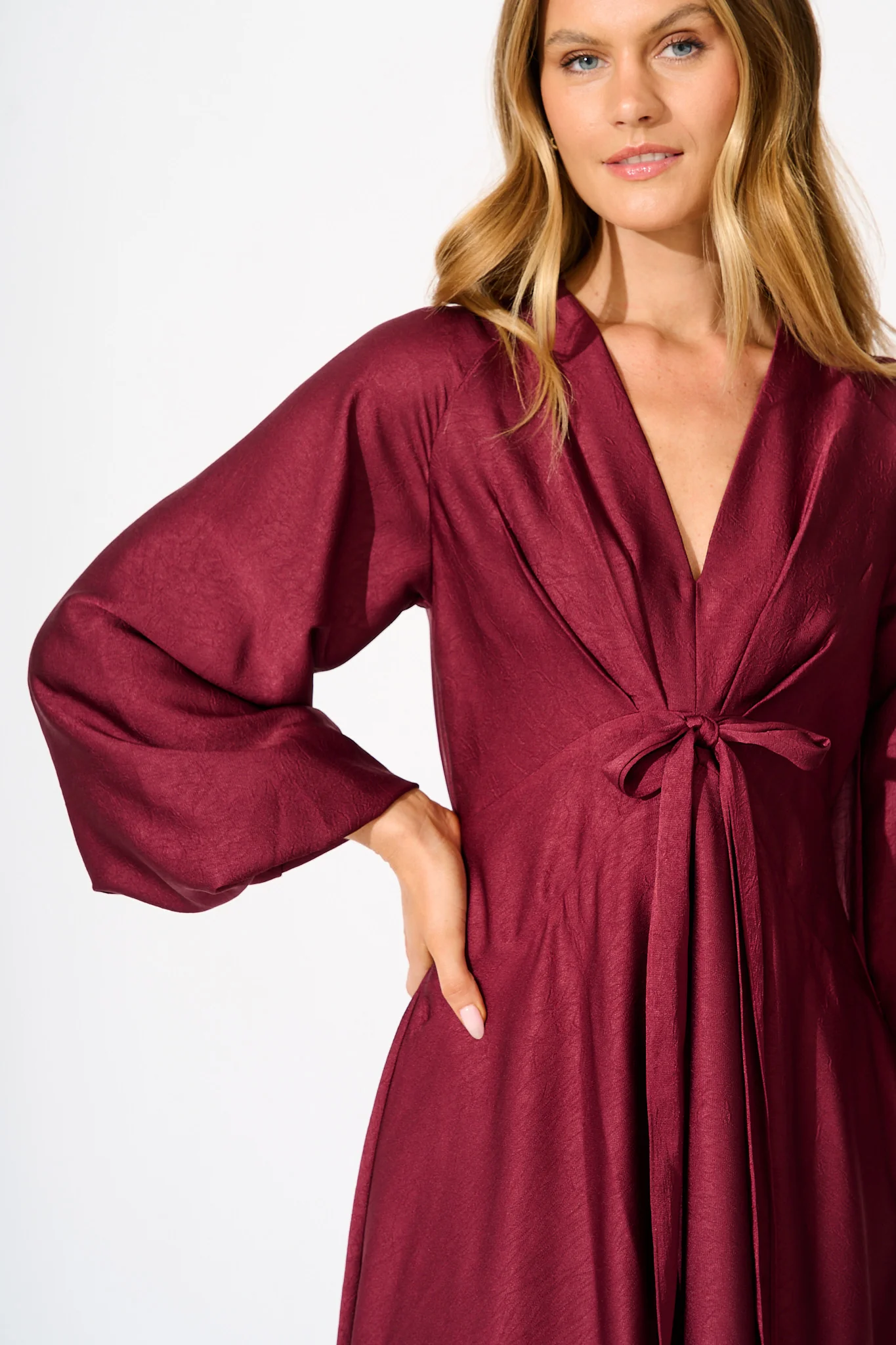 Veiled Illusion Maxi Dress in Wine Satin - Image 10