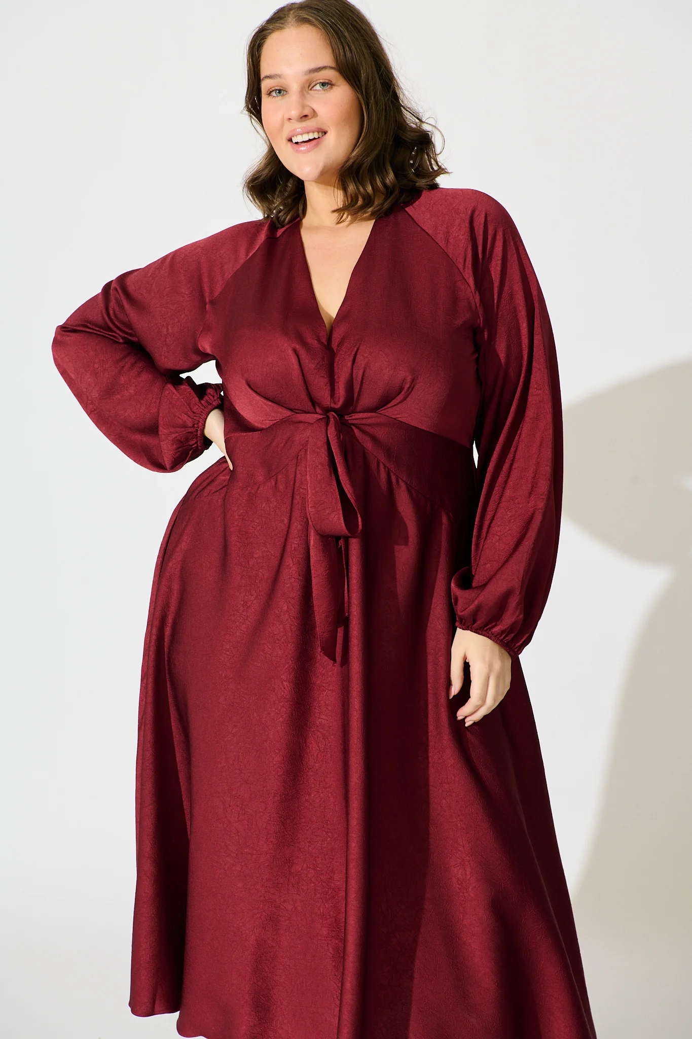 Veiled Illusion Maxi Dress in Wine Satin - Image 11