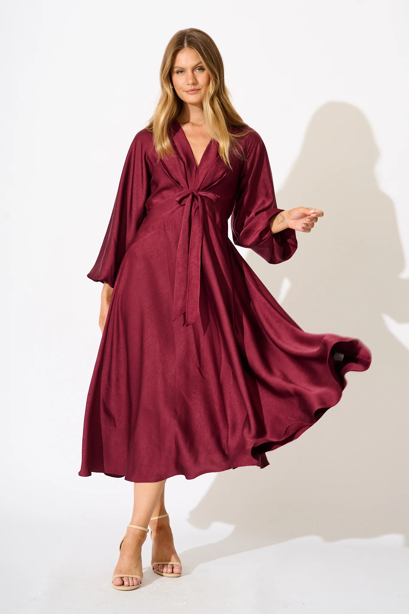 Veiled Illusion Maxi Dress in Wine Satin - Image 2