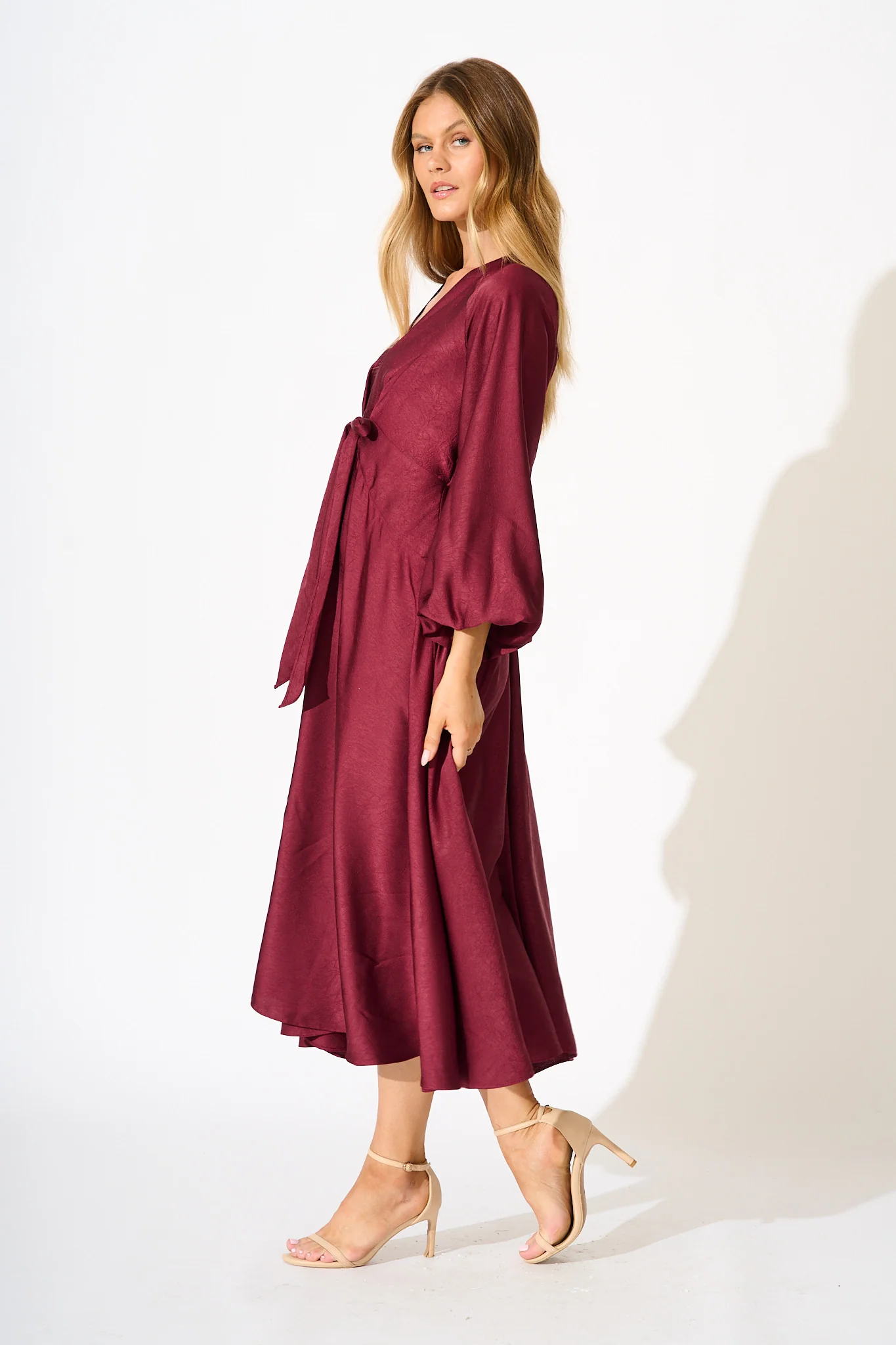 Veiled Illusion Maxi Dress in Wine Satin - Image 8