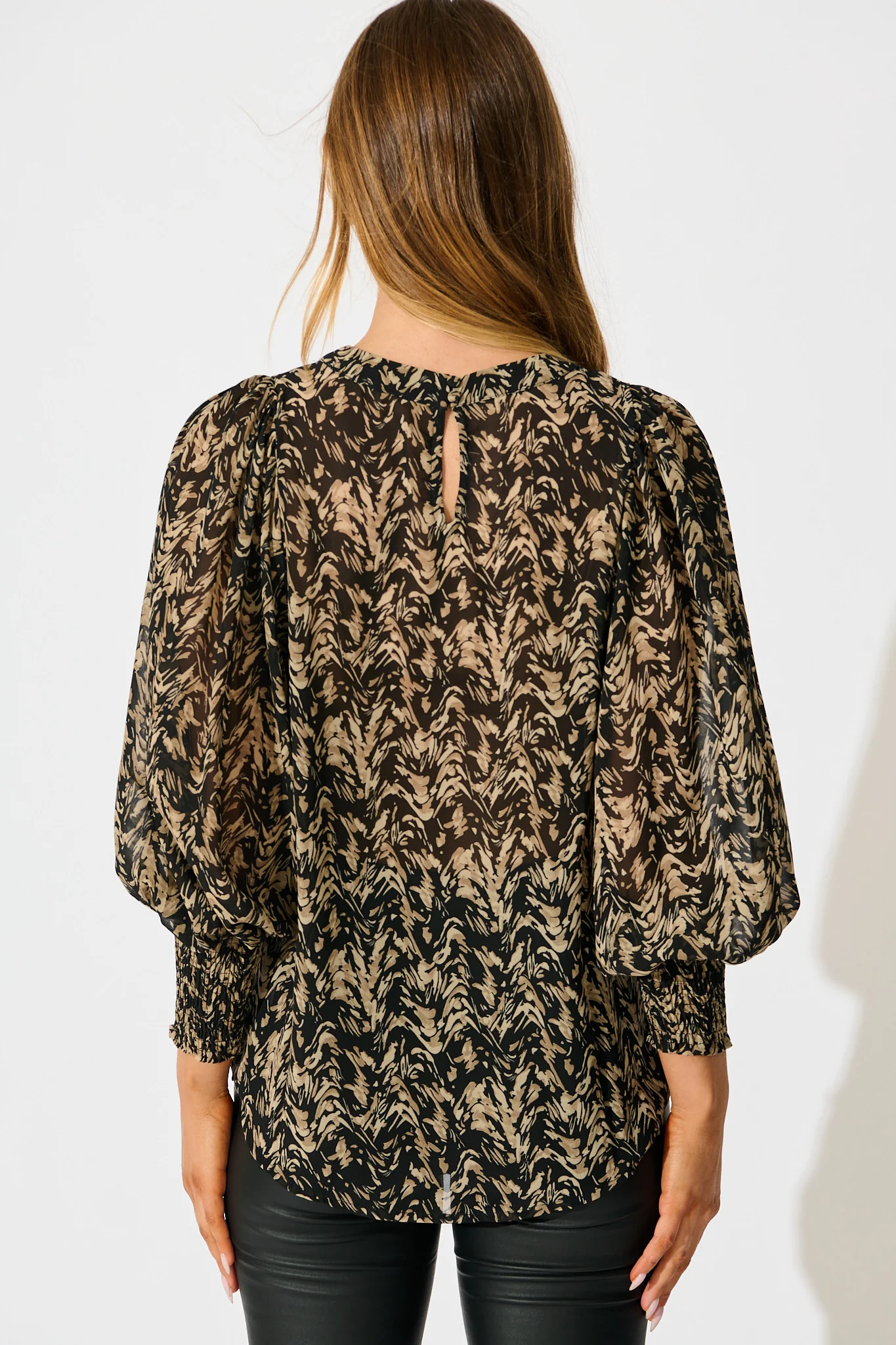 Veronica Top in Black with Cream Print Chiffon - Image 3