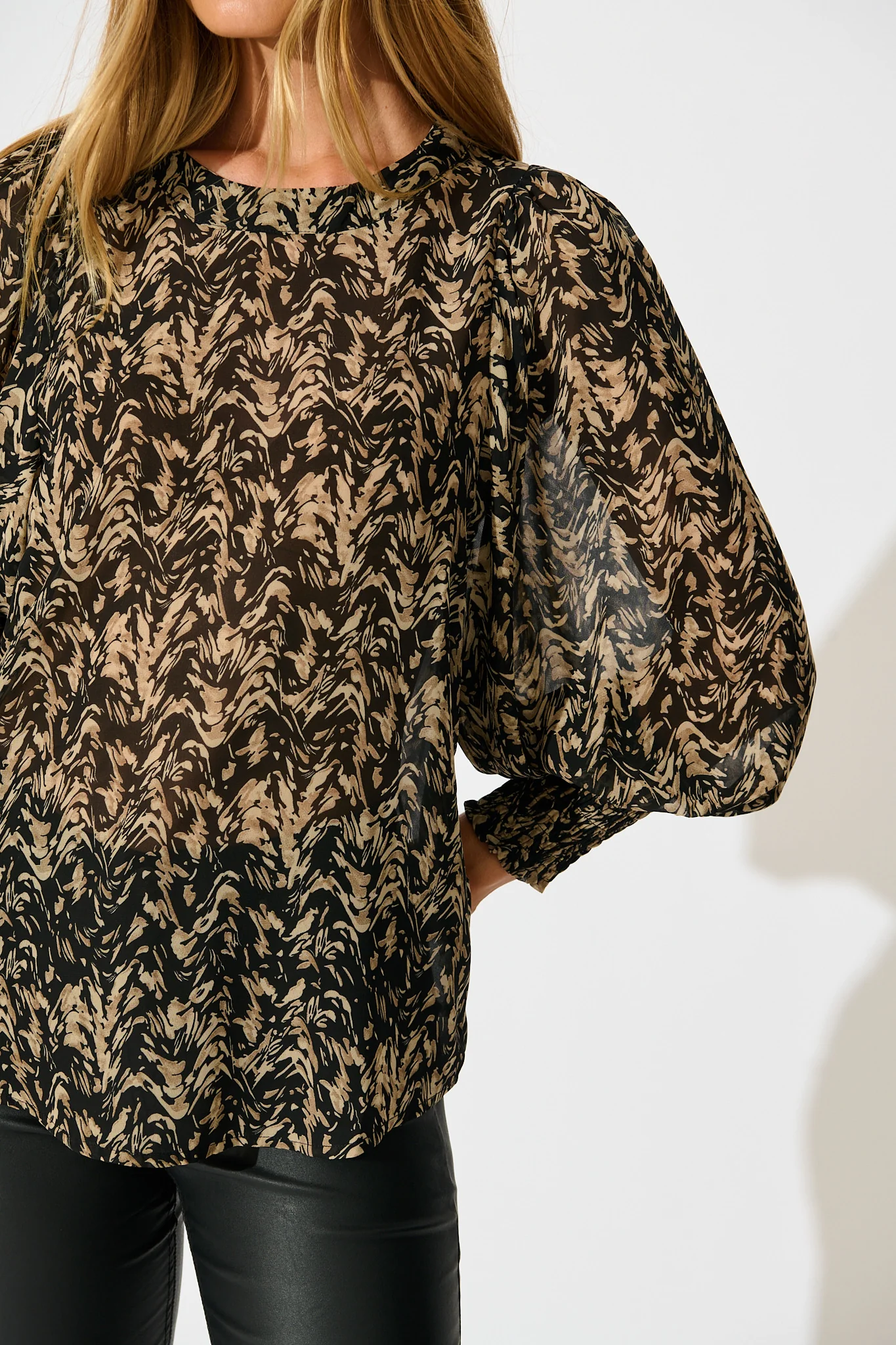 Veronica Top in Black with Cream Print Chiffon - Image 6