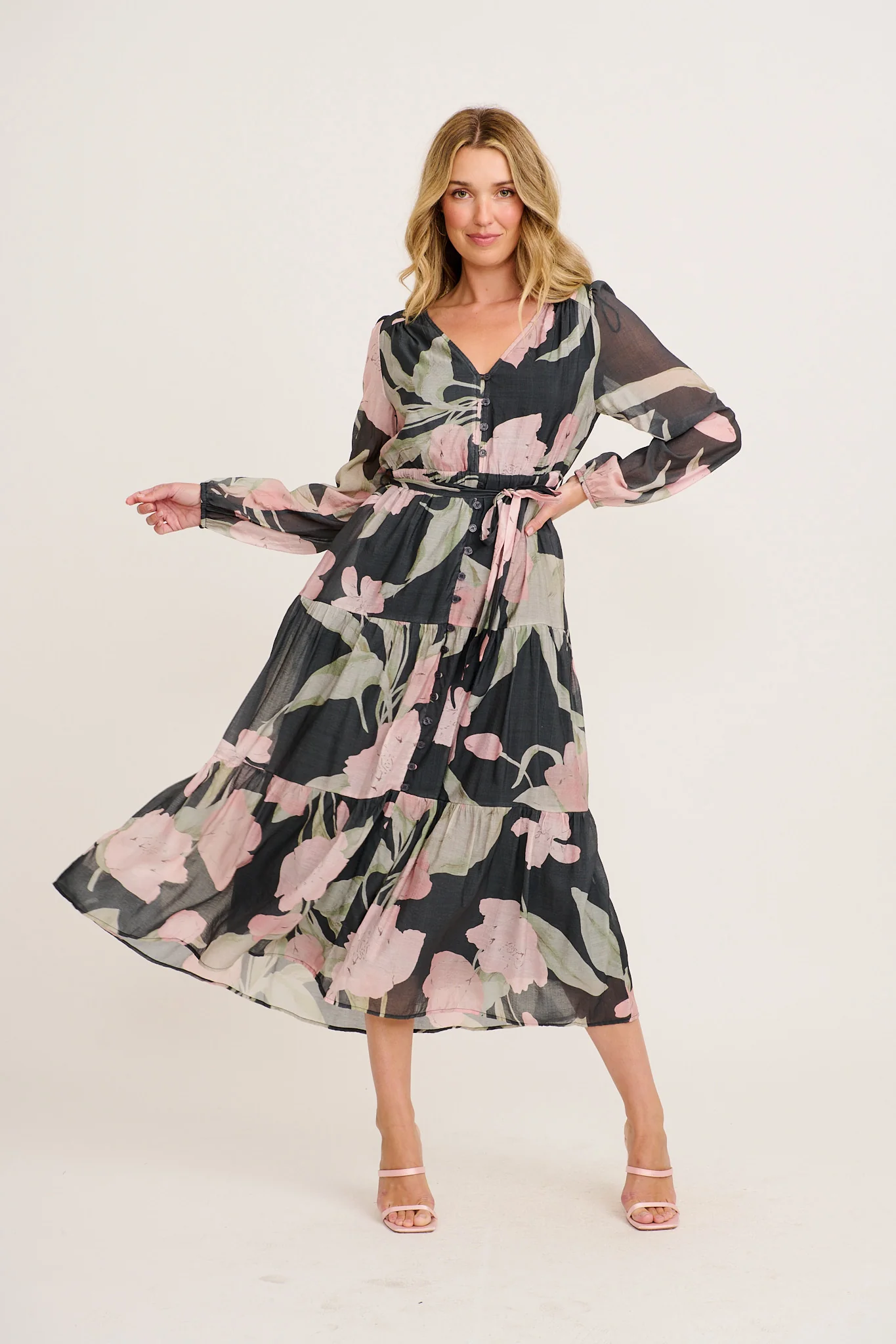 Versatile Midi Dress in Charcoal with Pink Floral