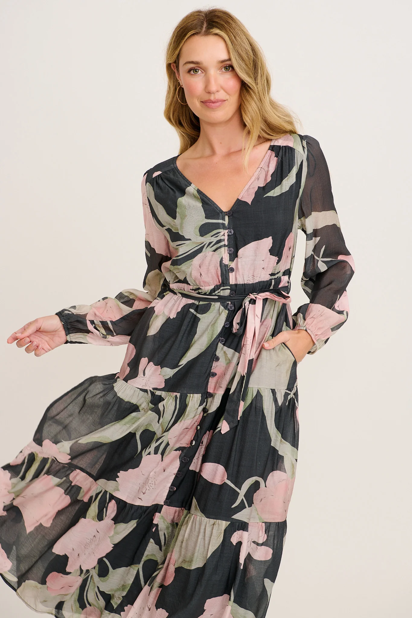 Versatile Midi Dress in Charcoal with Pink Floral - Image 2