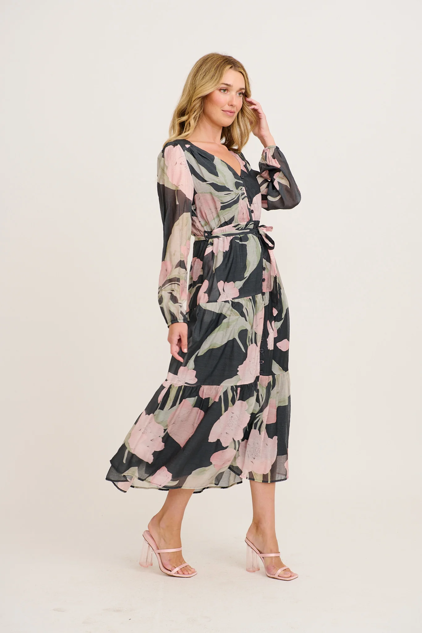 Versatile Midi Dress in Charcoal with Pink Floral - Image 3