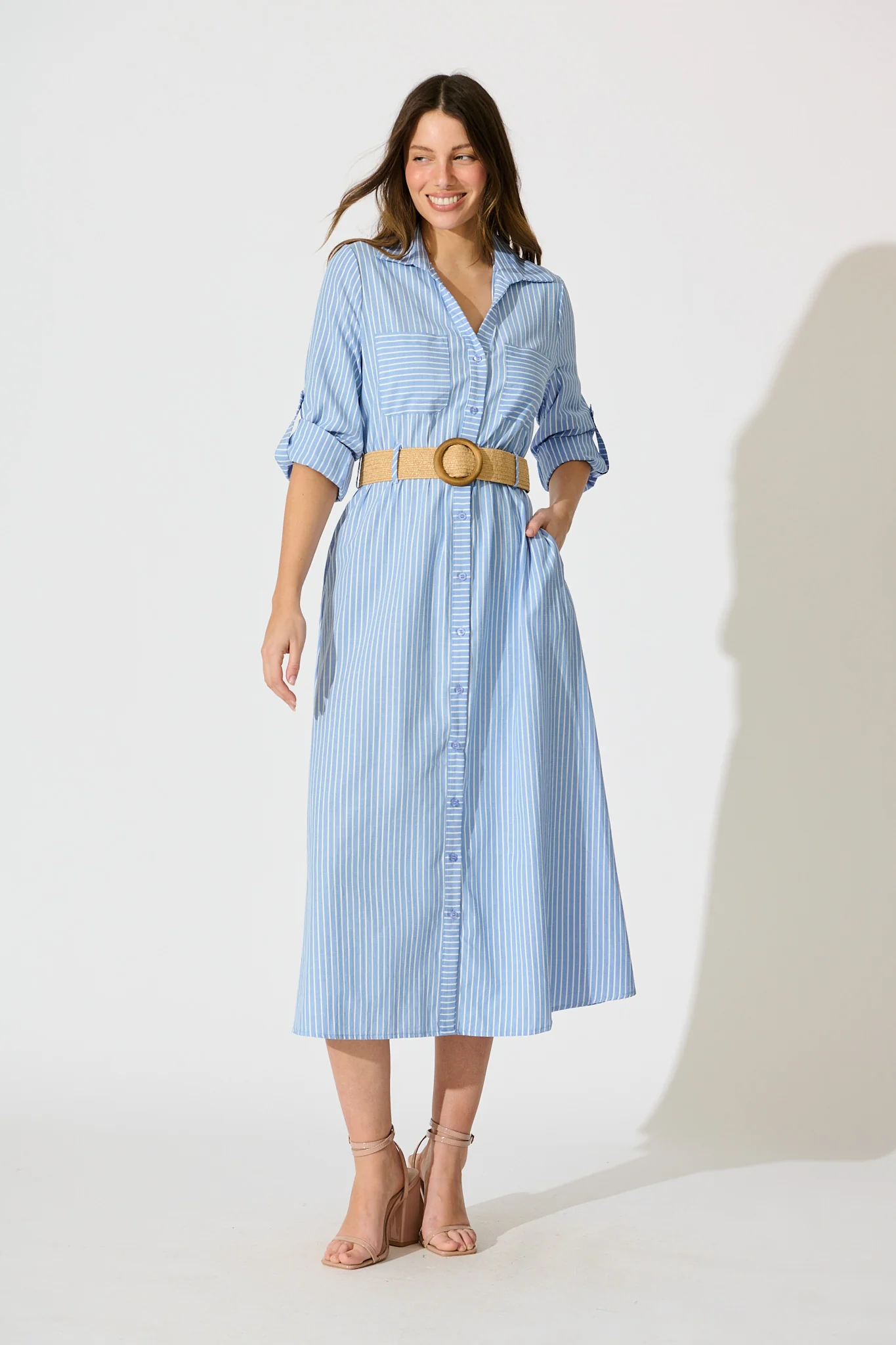 Veyda Midi Shirt Dress in Blue with White Stripe Cotton