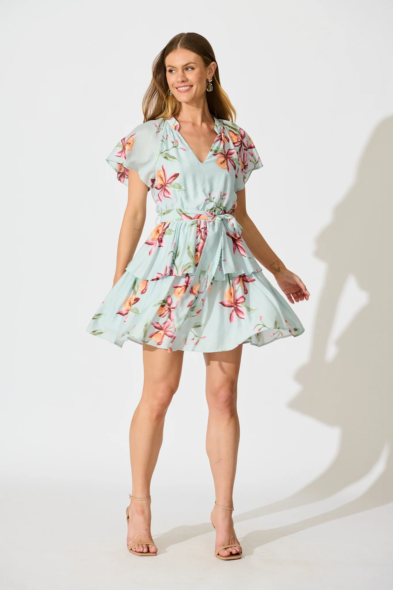 Vietta Dress in Light Blue with Blush Floral