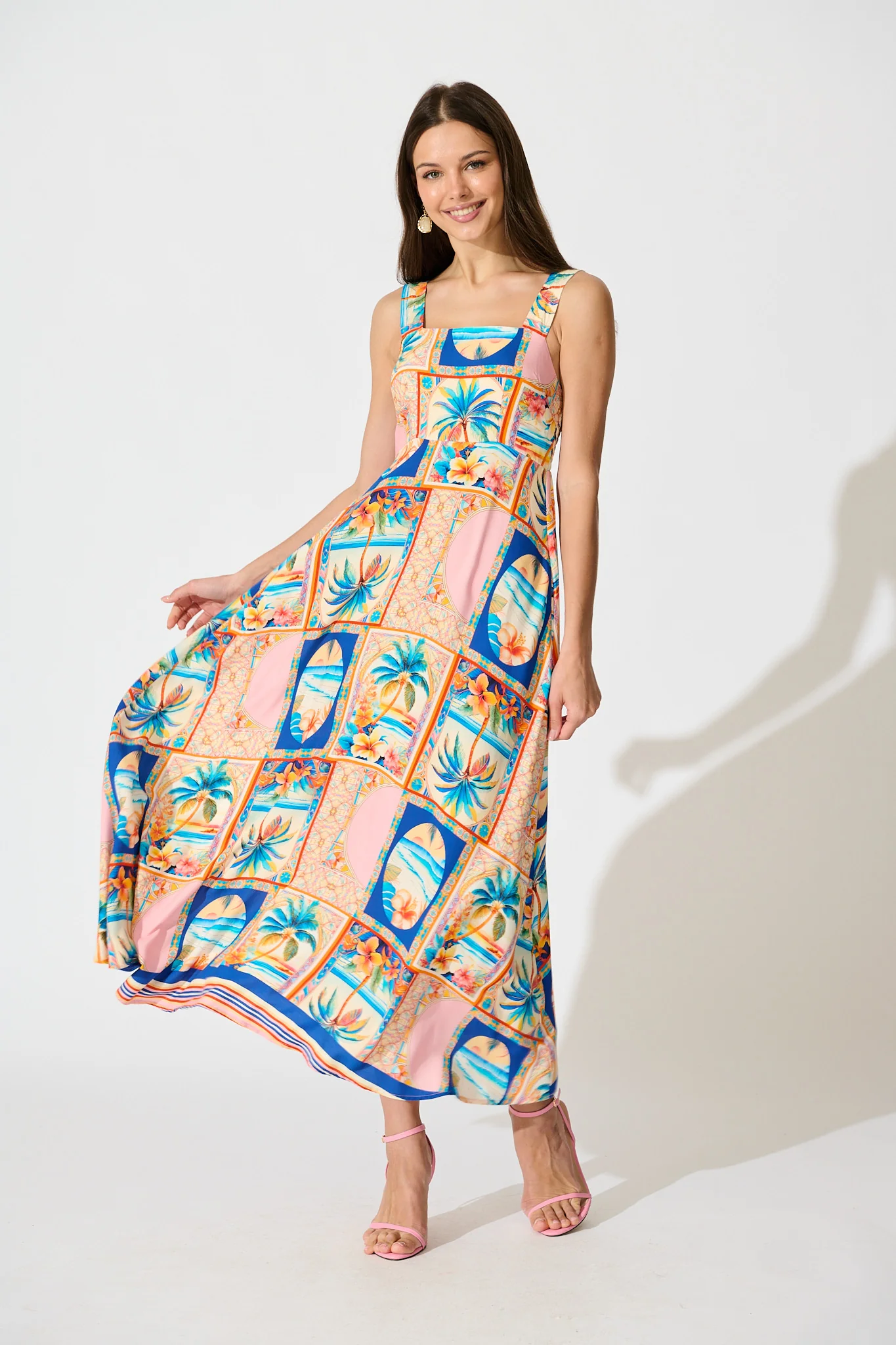 Vietta Midi Sundress in Multi Palm Print