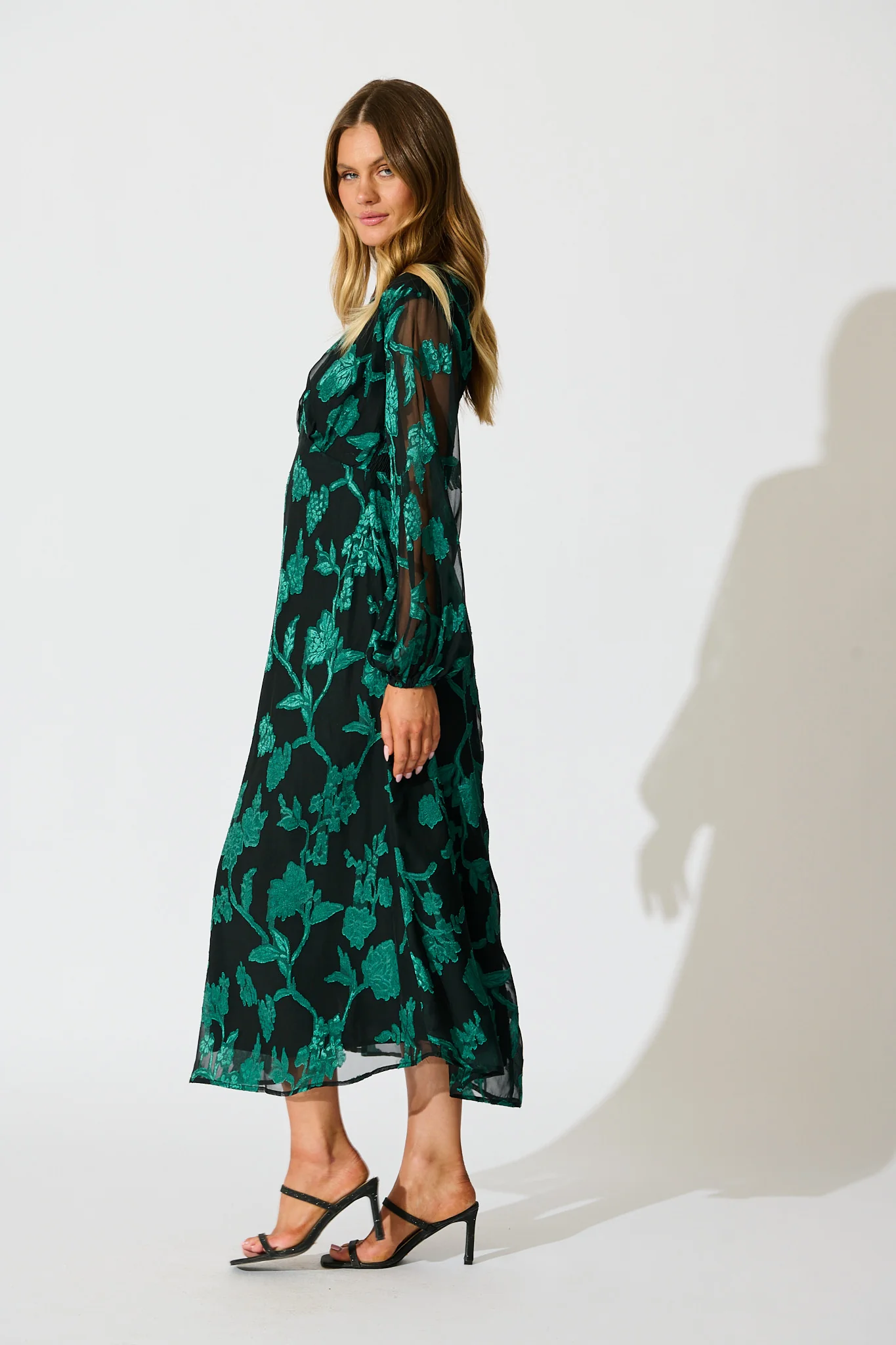Viola Midi Dress in Black with Emerald Floral Burnout Chiffon - Image 3