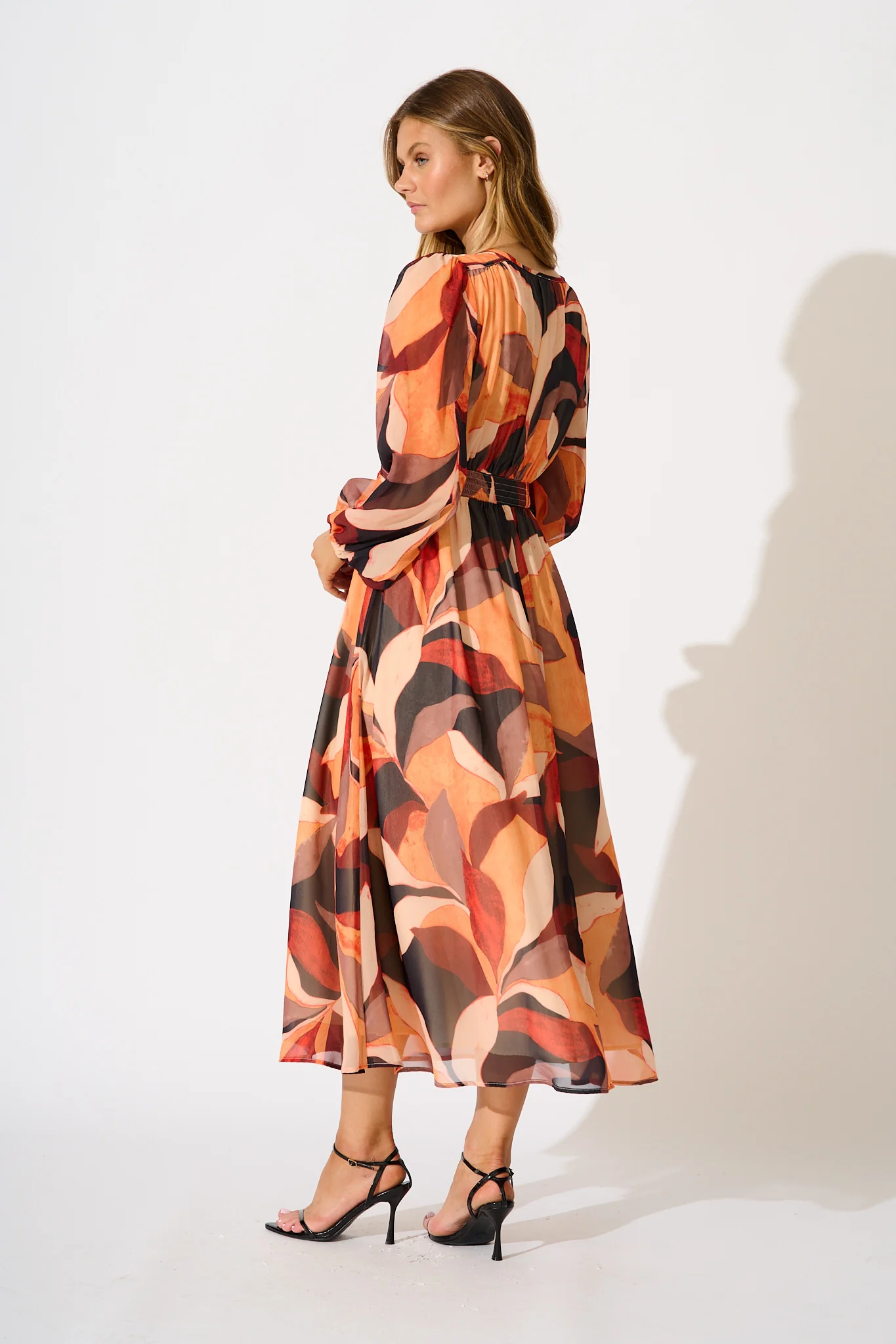 Vista Midi Dress in Tangerine Multi Leaf Print Chiffon - Image 4