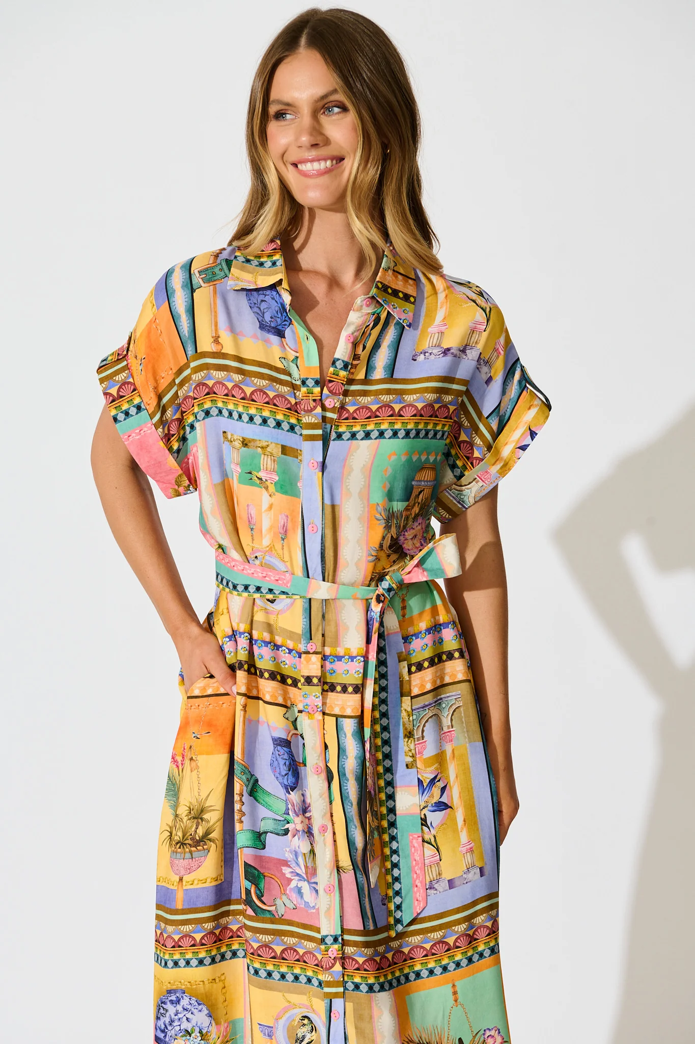 Vita Mia Midi Shirt Dress in Multi Conversational Print - Image 2
