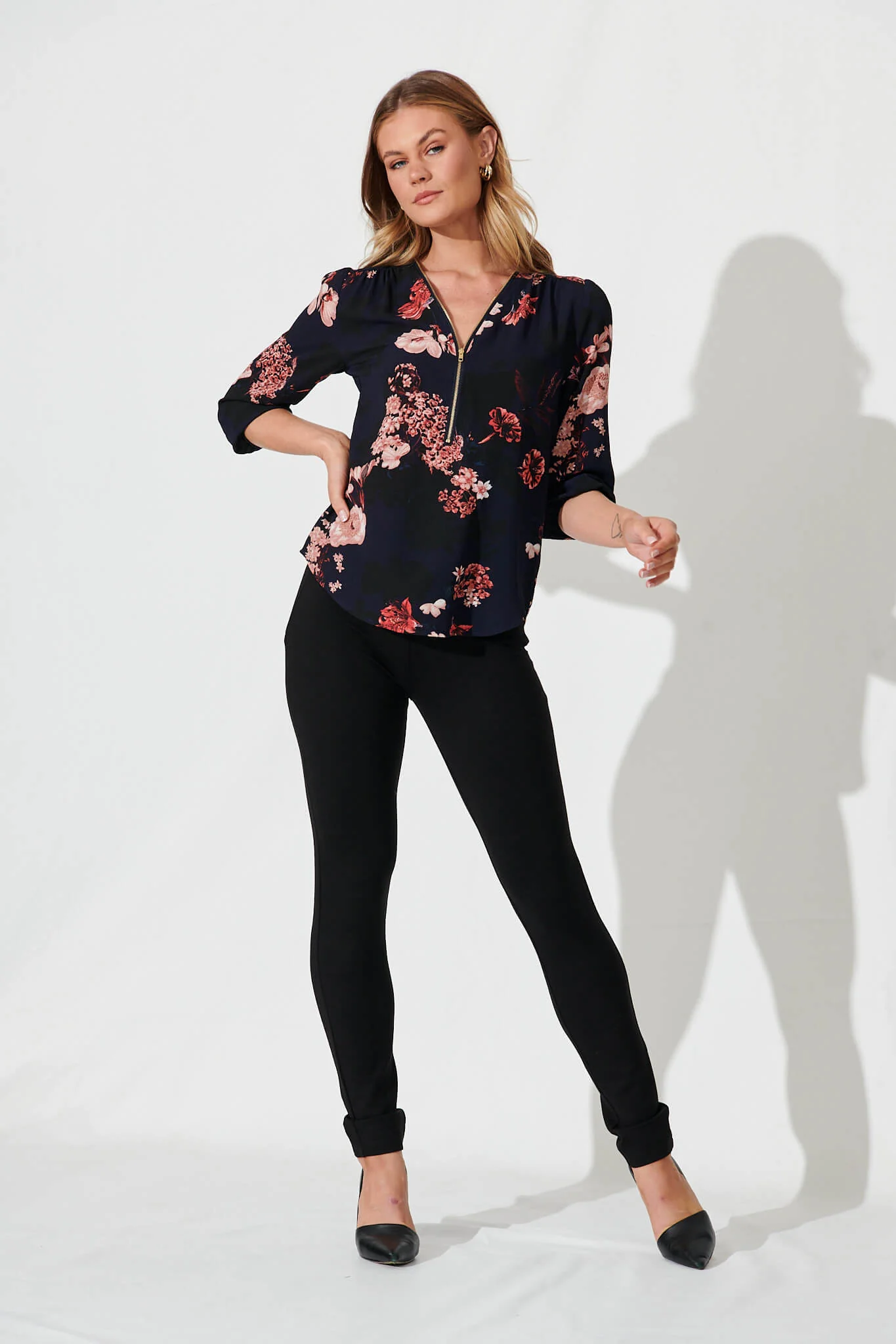 Viviani Zip Top In Navy With Pink And Blush Floral - Image 4