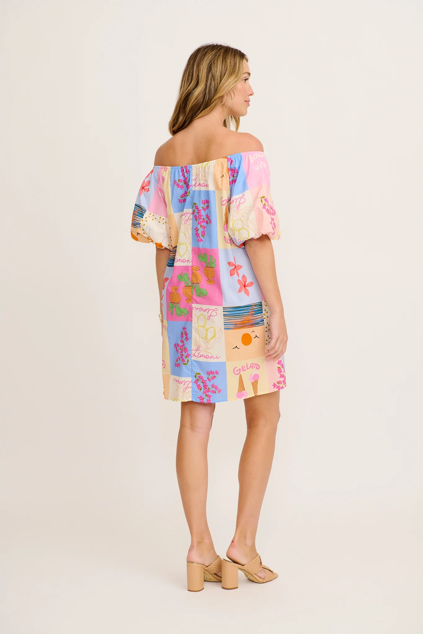 Viviennea Off Shoulder Dress in Multi Patchwork Cotton - Image 4