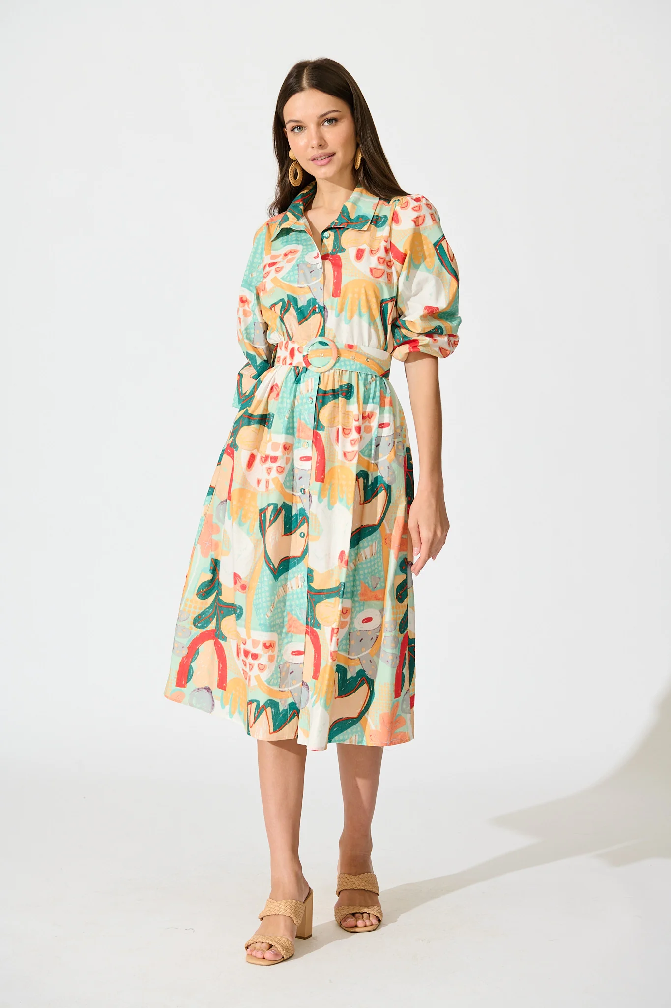 Wanita Midi Shirt Dress in Green Multi Abstract Print Cotton