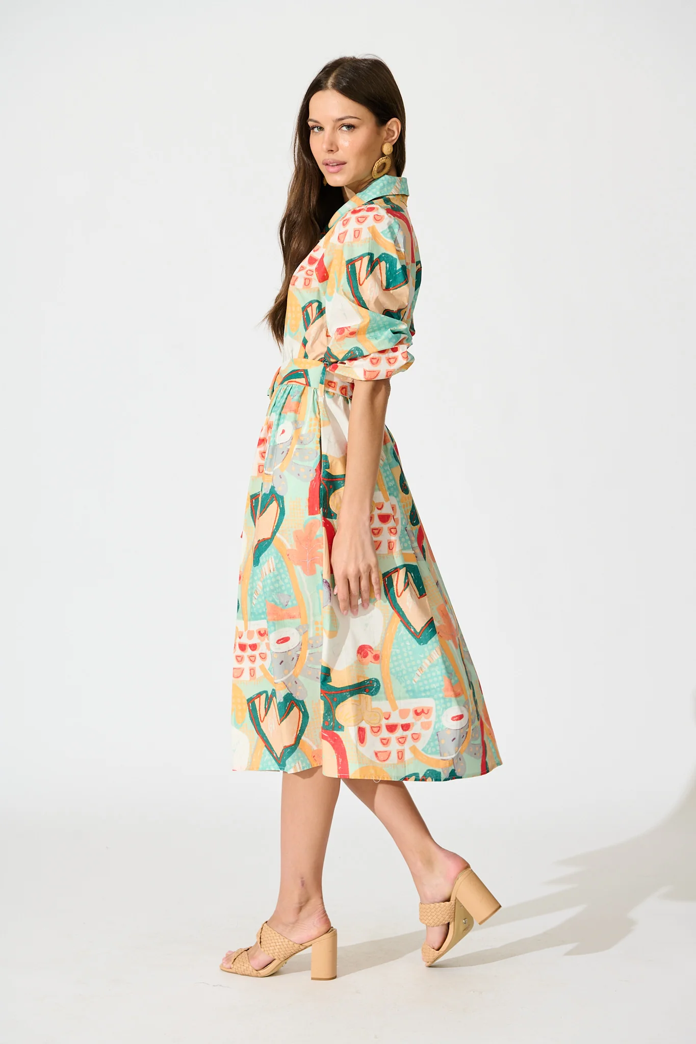 Wanita Midi Shirt Dress in Green Multi Abstract Print Cotton - Image 3