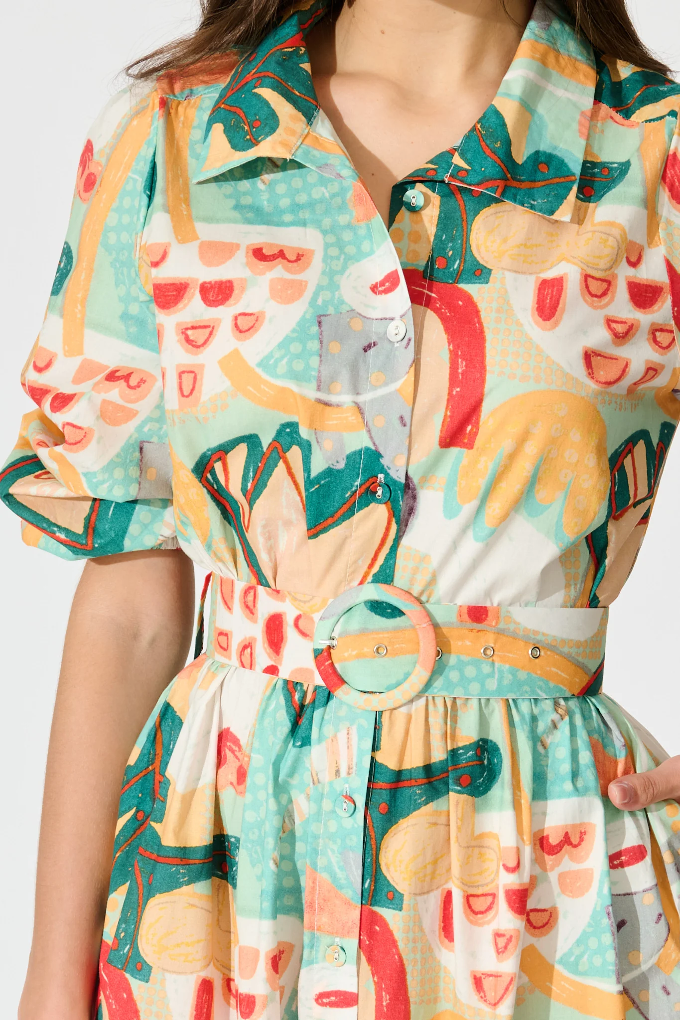 Wanita Midi Shirt Dress in Green Multi Abstract Print Cotton - Image 5