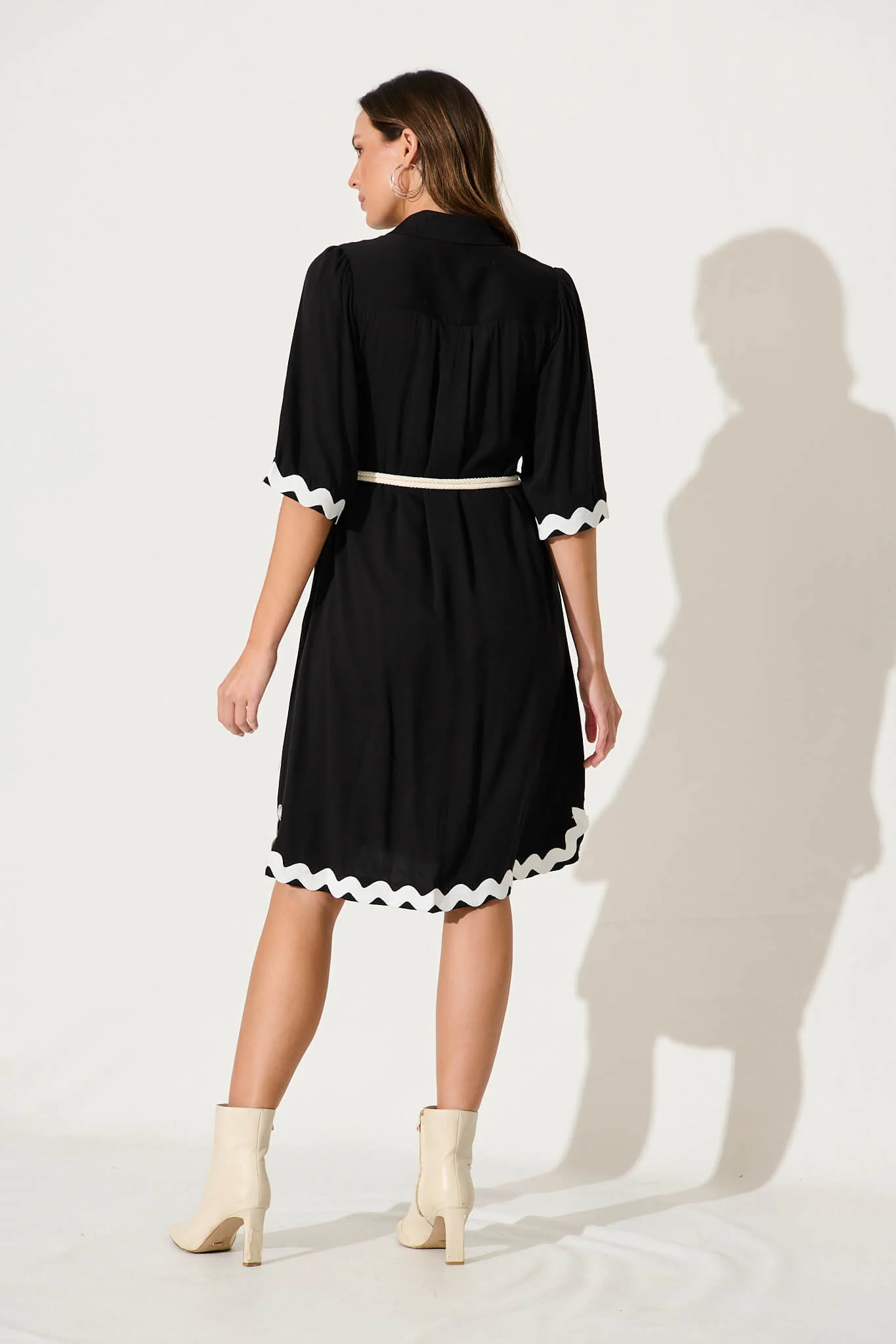 Watsonia Midi Shirt Dress In Black With Ric Rac Trim - Image 4