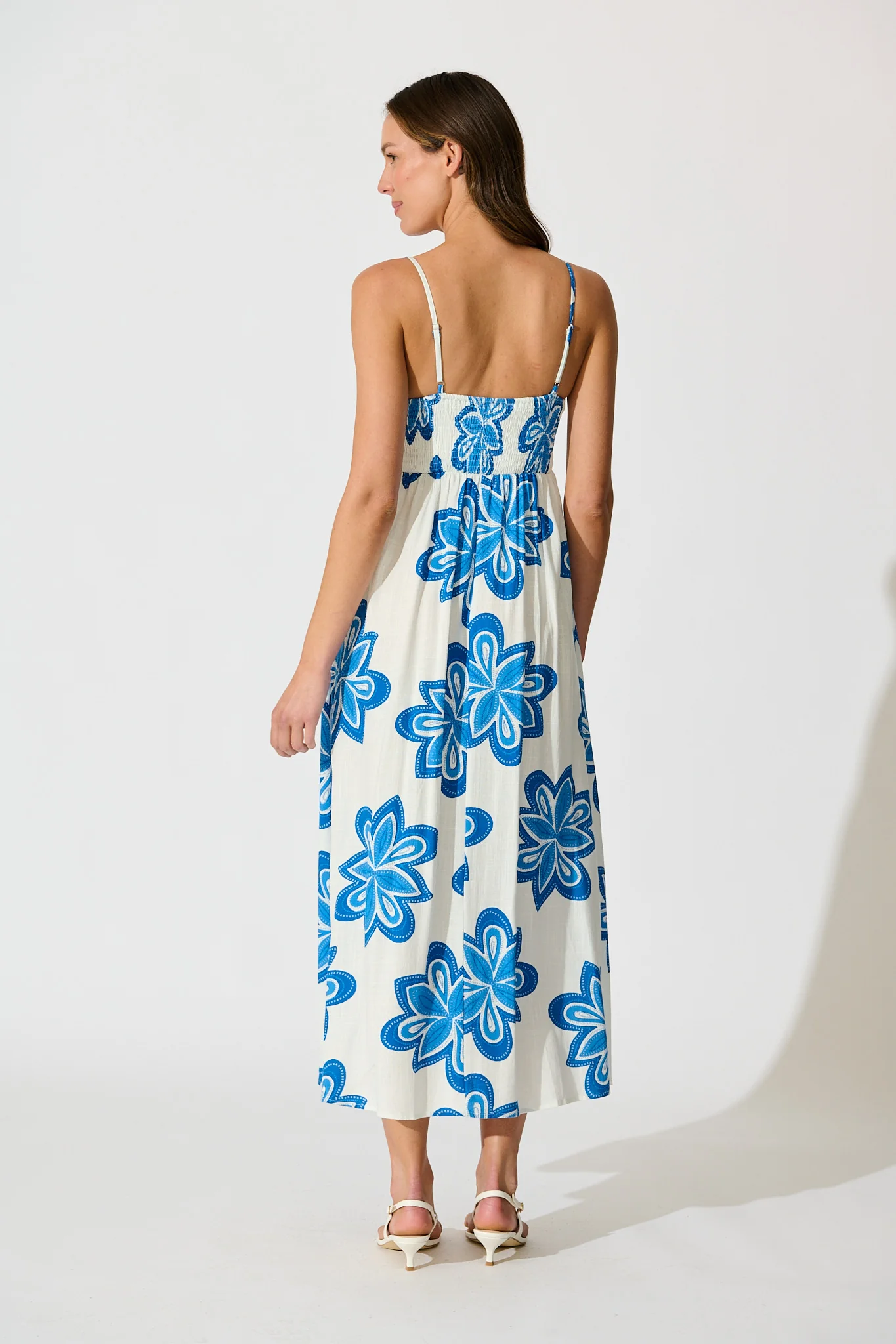 Waverly Maxi Sundress in White with Blue Flower Linen Blend - Image 4