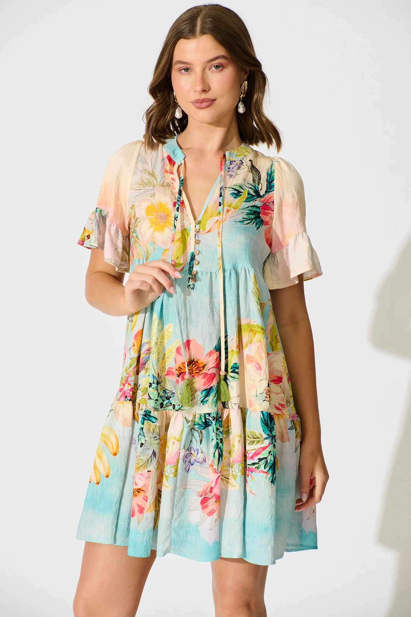 Whimsical Charm Smock Dress in Multi Tropical Floral Print - Image 6