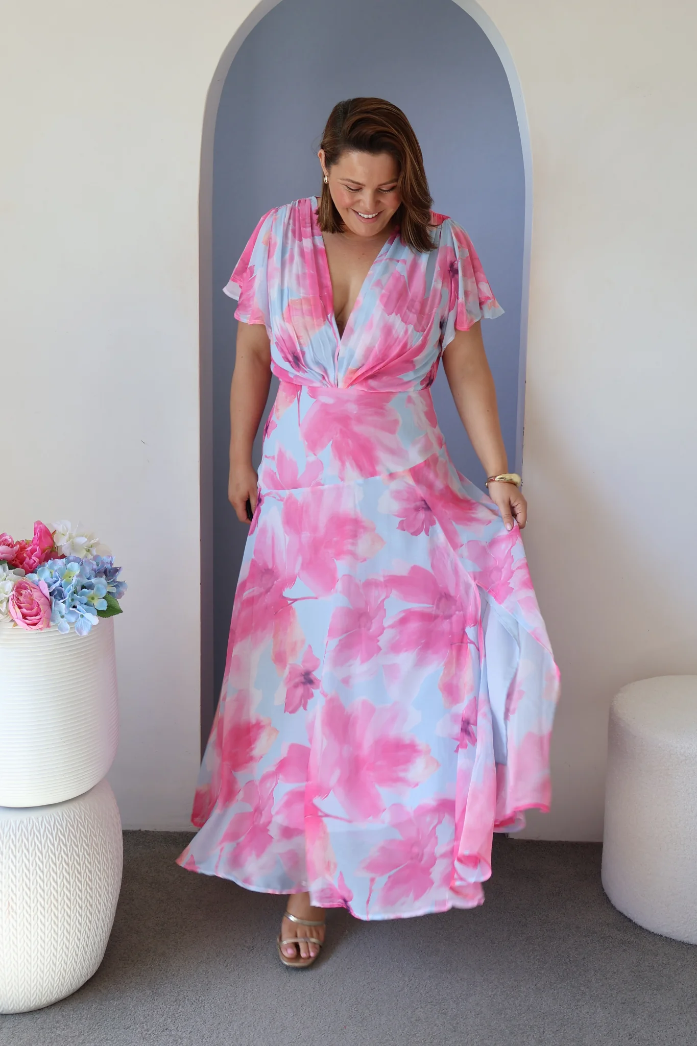 Whisper Lily Maxi Dress in Blue with Blush Floral Chiffon - Image 7