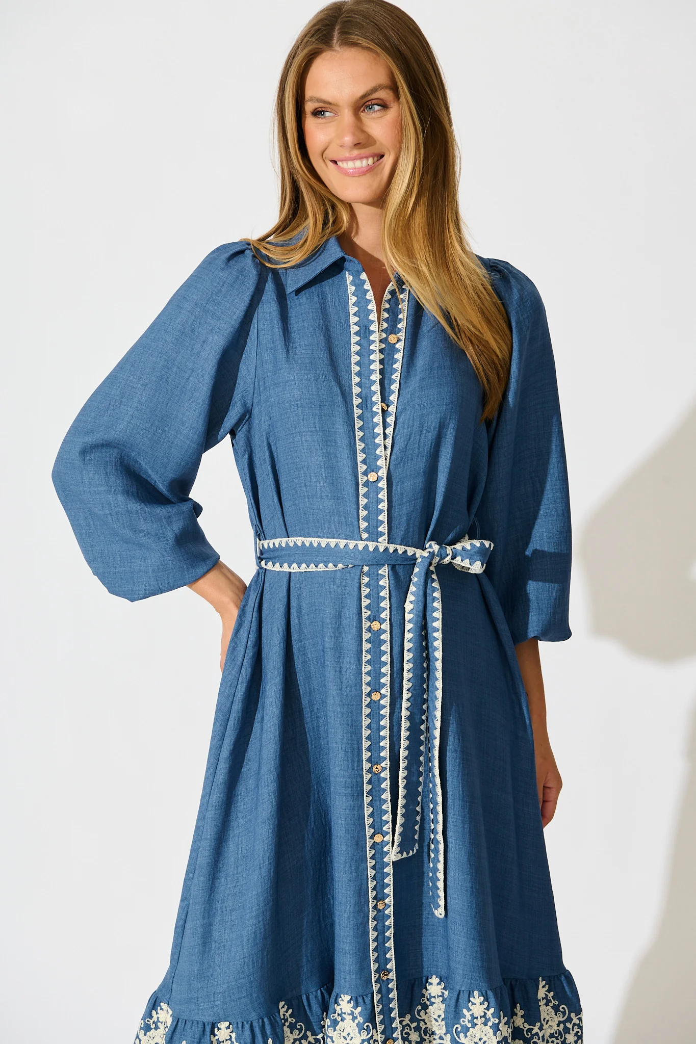 Whisper Midi Shirt Dress in Blue Chambray Embroidery - Image 2