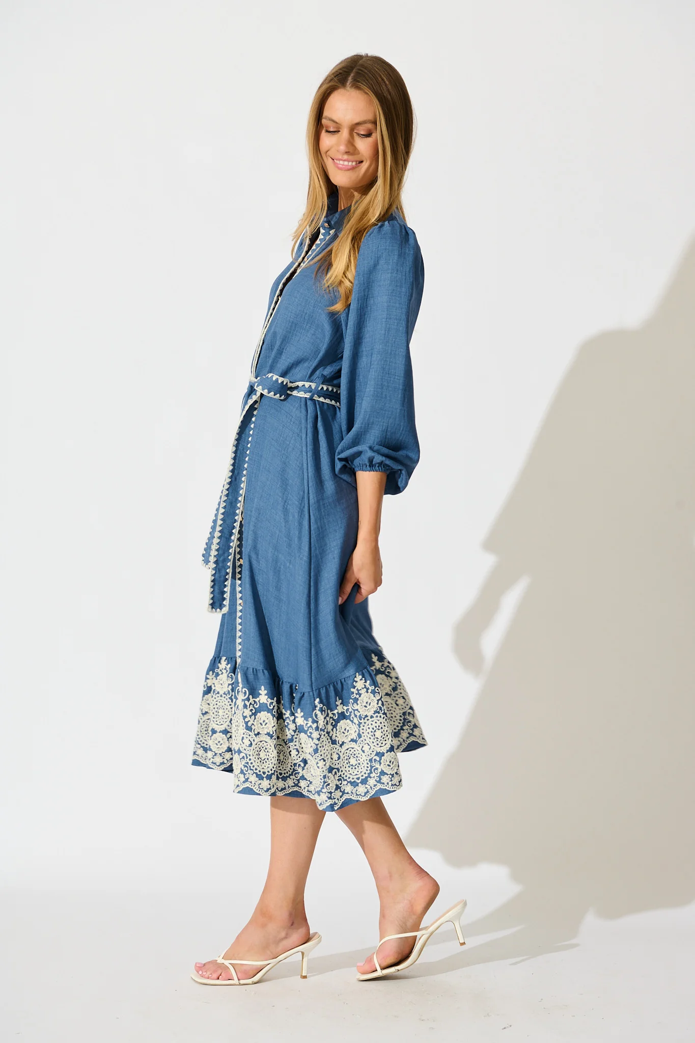 Whisper Midi Shirt Dress in Blue Chambray Embroidery - Image 3