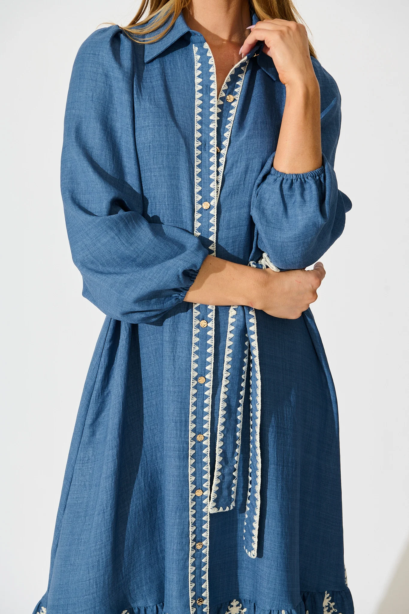 Whisper Midi Shirt Dress in Blue Chambray Embroidery - Image 5