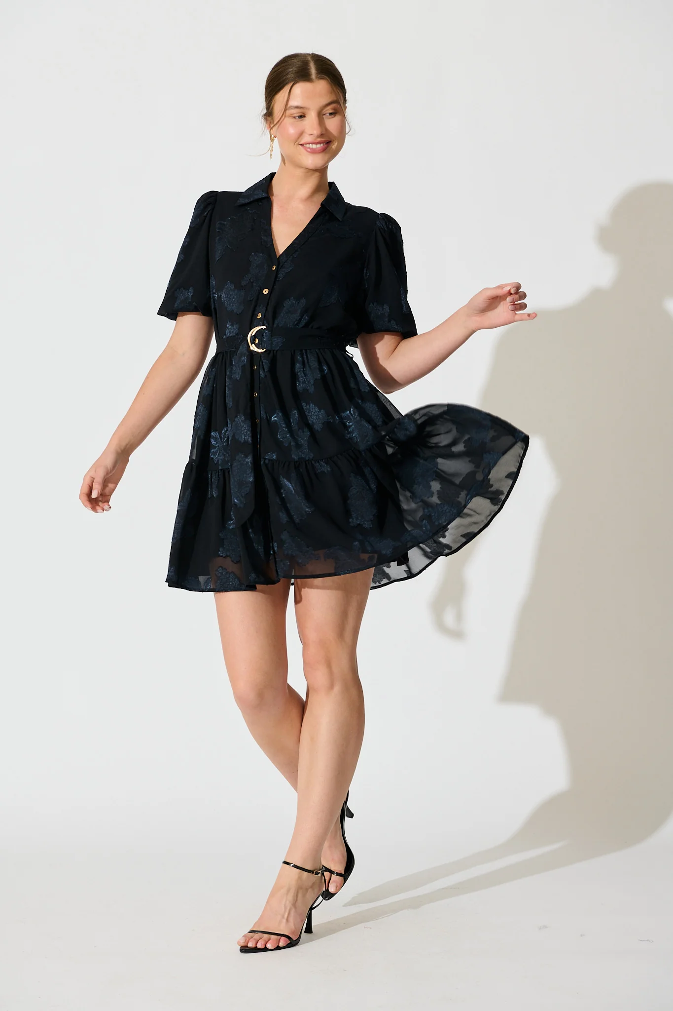 Whispered Grace Shirt Dress in Navy Burnout Chiffon